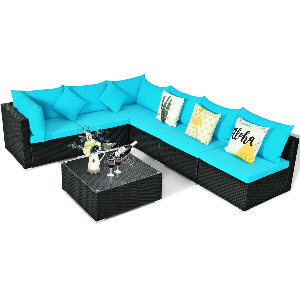 7-Piece Outdoor Sectional Wicker Patio Sofa Set with Tempered Glass Top