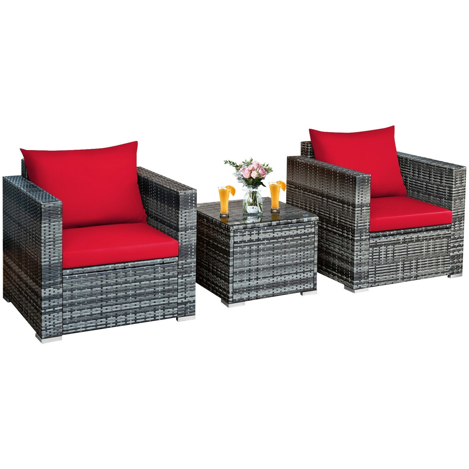 3 Pcs Patio Rattan Furniture Bistro Sofa Set with Cushioned