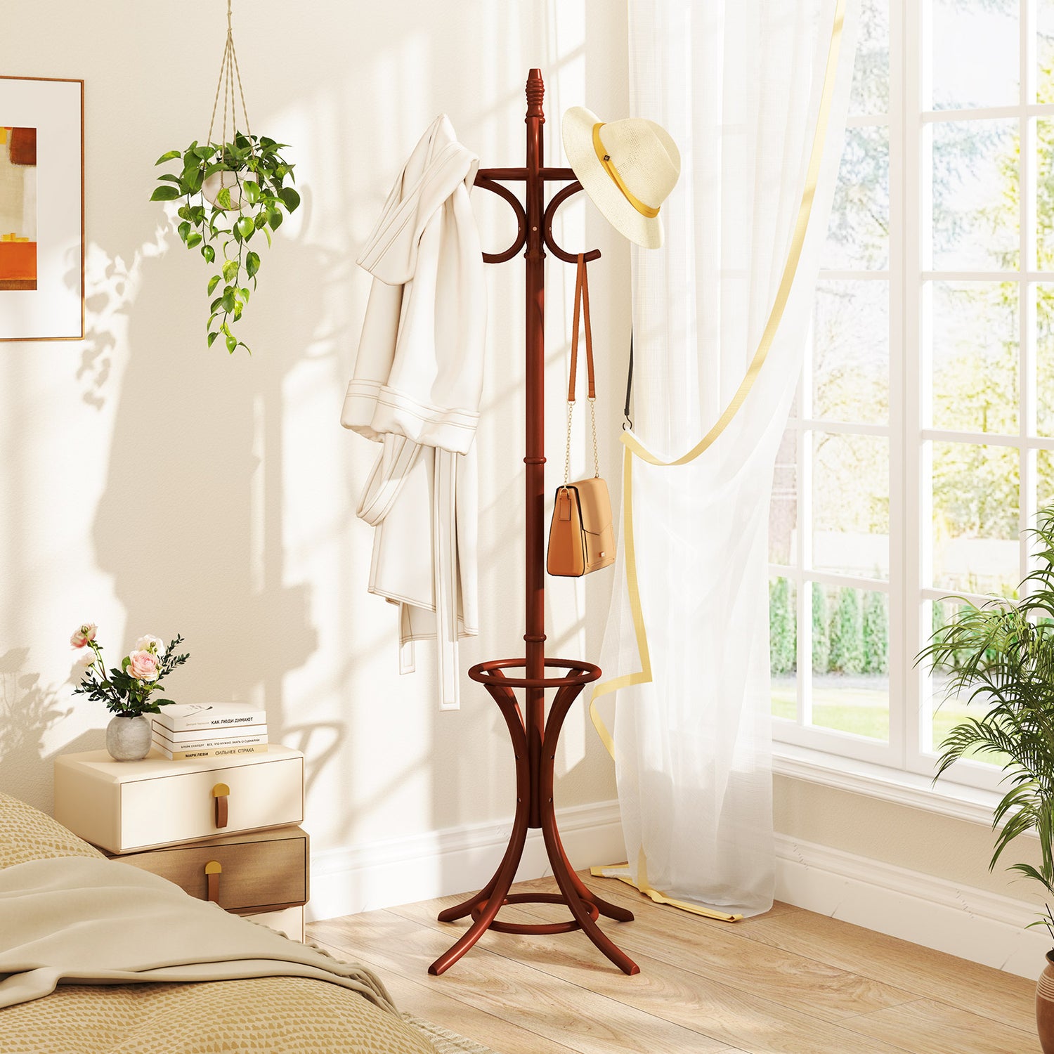 Wood Standing Hat Coat Rack with Umbrella Stand