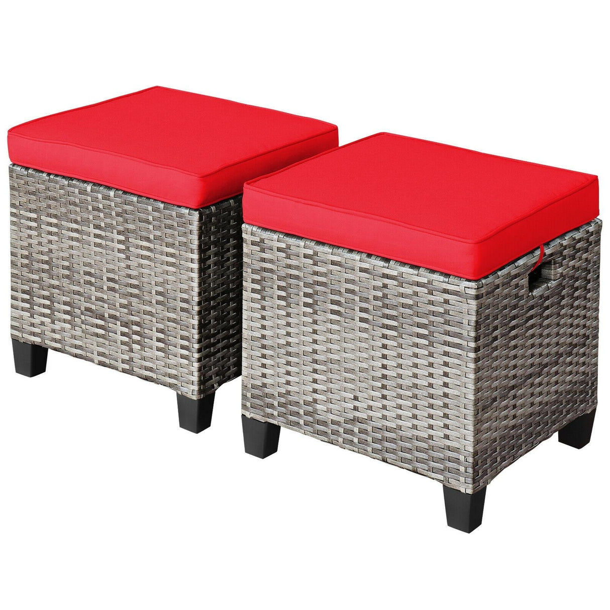 2PCS Patio Rattan Wicker Ottoman Seat with Removable Cushions