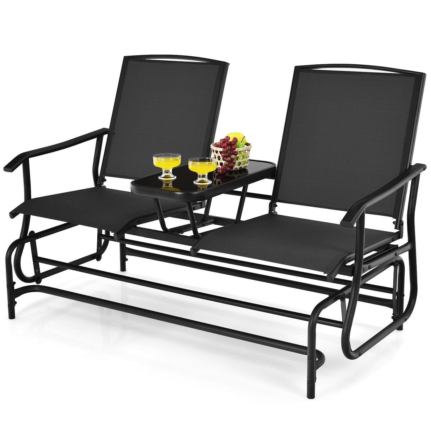 2-Person Rocking Loveseat with Mesh Fabric and Tempered Glass Table