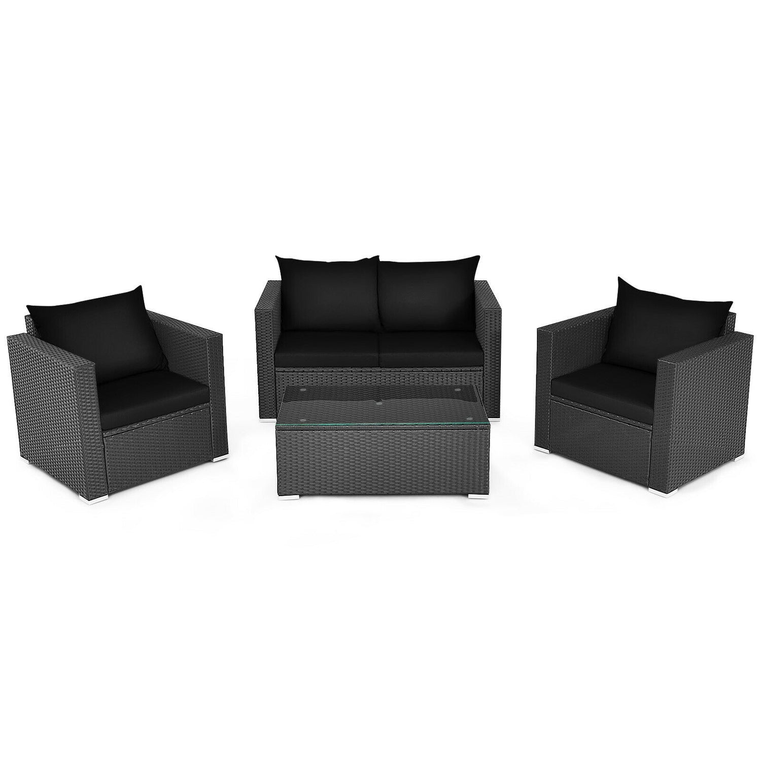 4 Pieces Patio Rattan Conversation Set with Cushions and Coffee Table