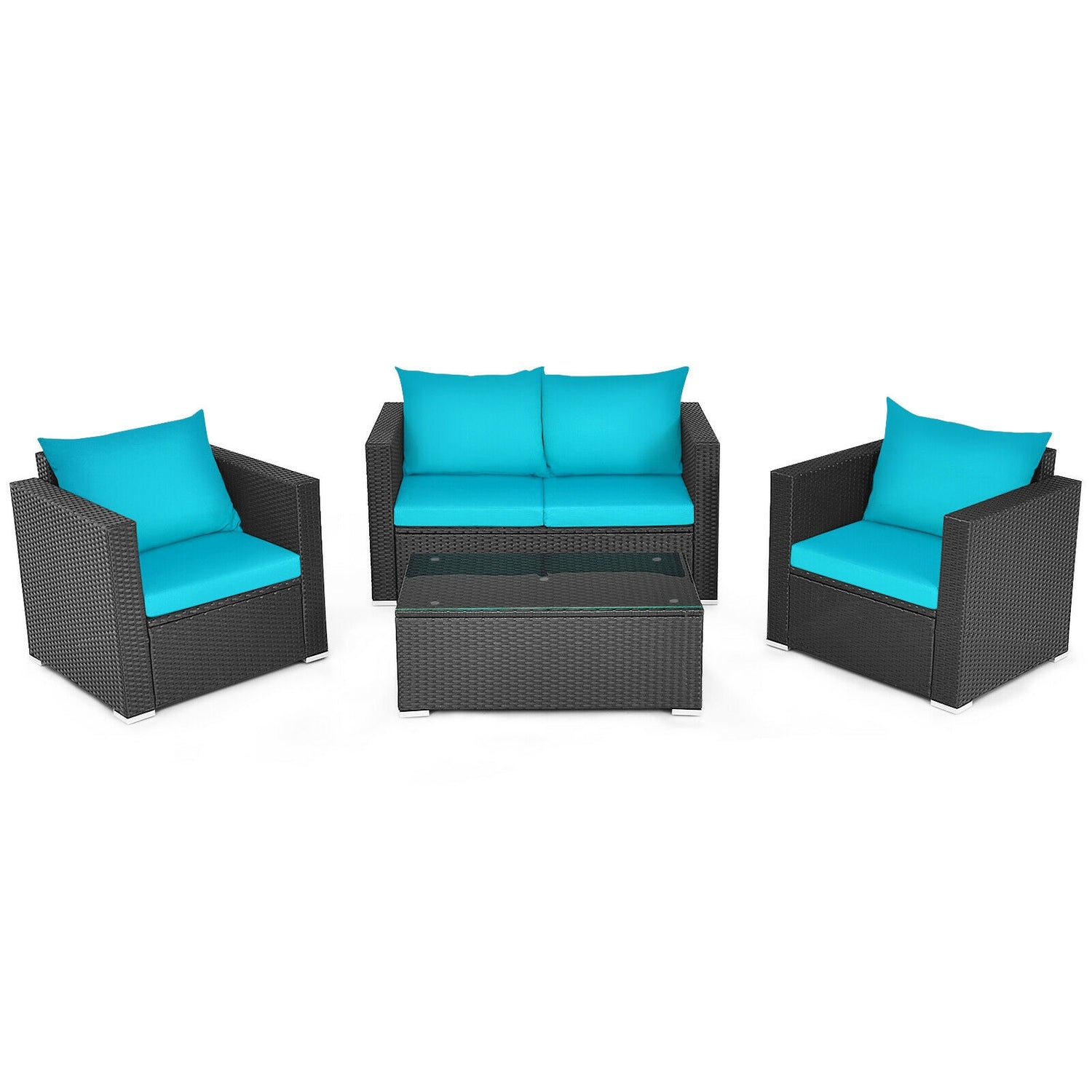 4 Pieces Patio Rattan Conversation Set with Cushions and Coffee Table