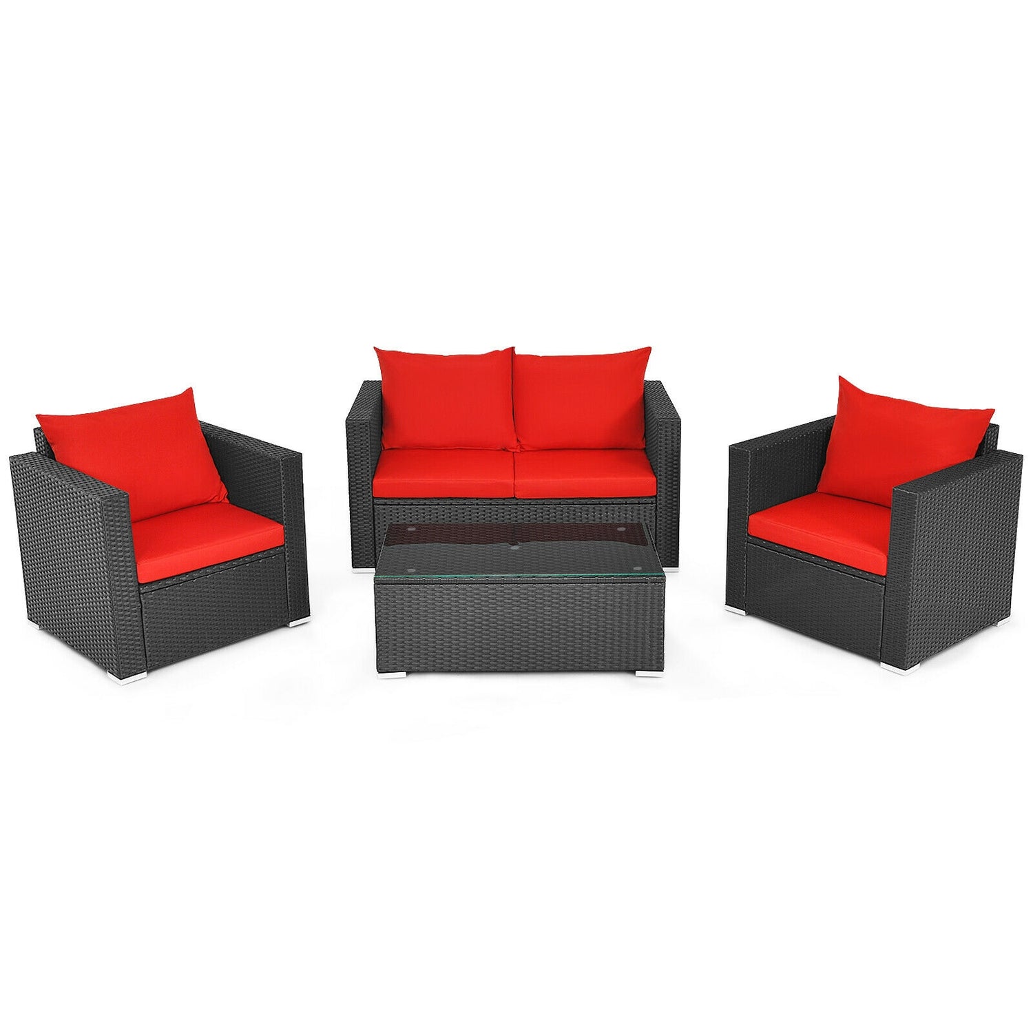 4 Pieces Patio Rattan Conversation Set with Cushions and Coffee Table