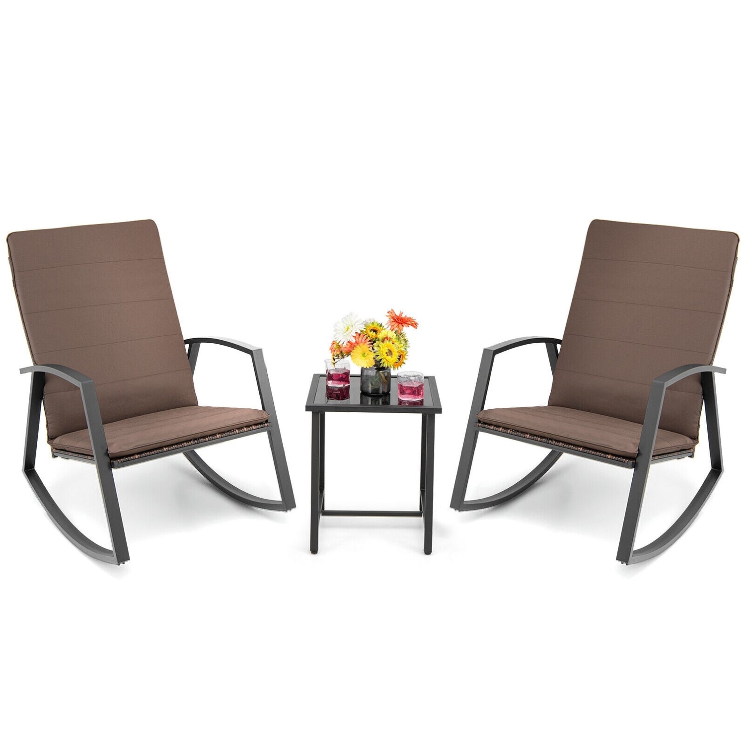 3 Pieces Patio Rattan Rocking Furniture Set