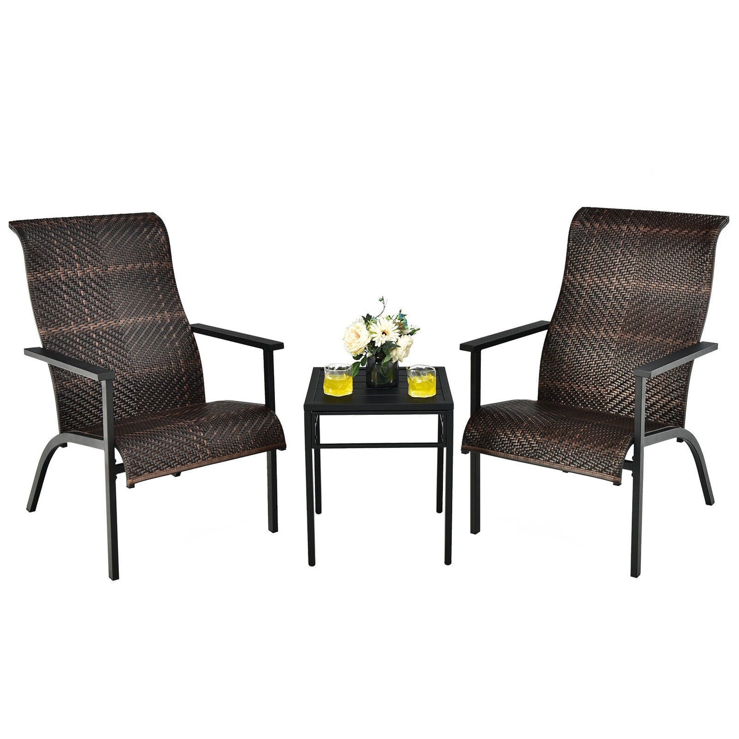 3 Pieces Patio Rattan Bistro Set with High Backrest and Armrest