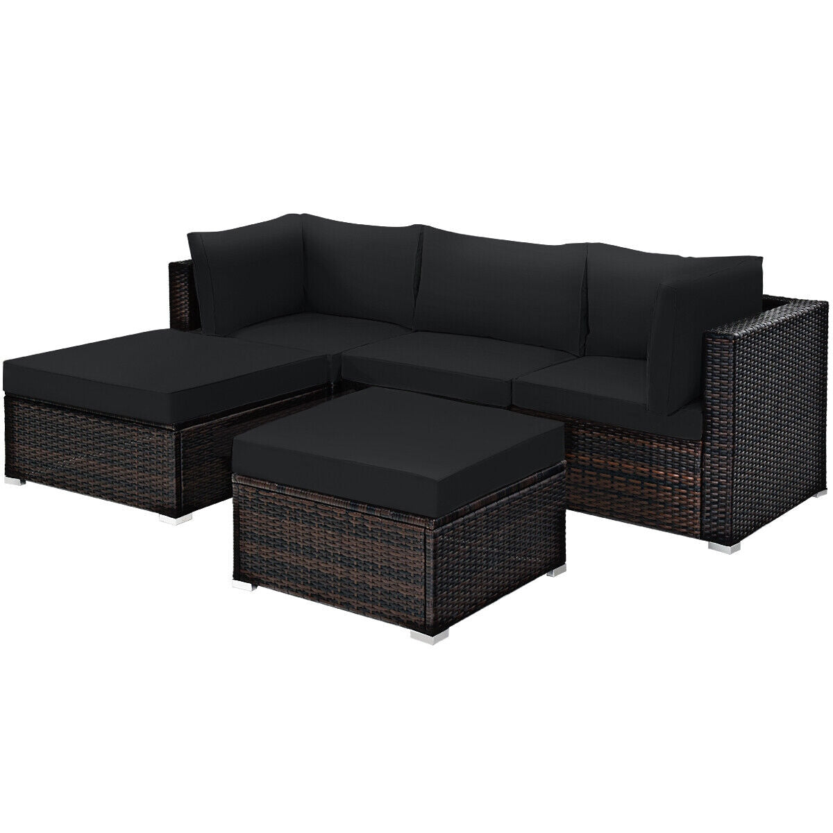 5 Pieces Patio Rattan Sectional Conversation Ottoman Furniture Set