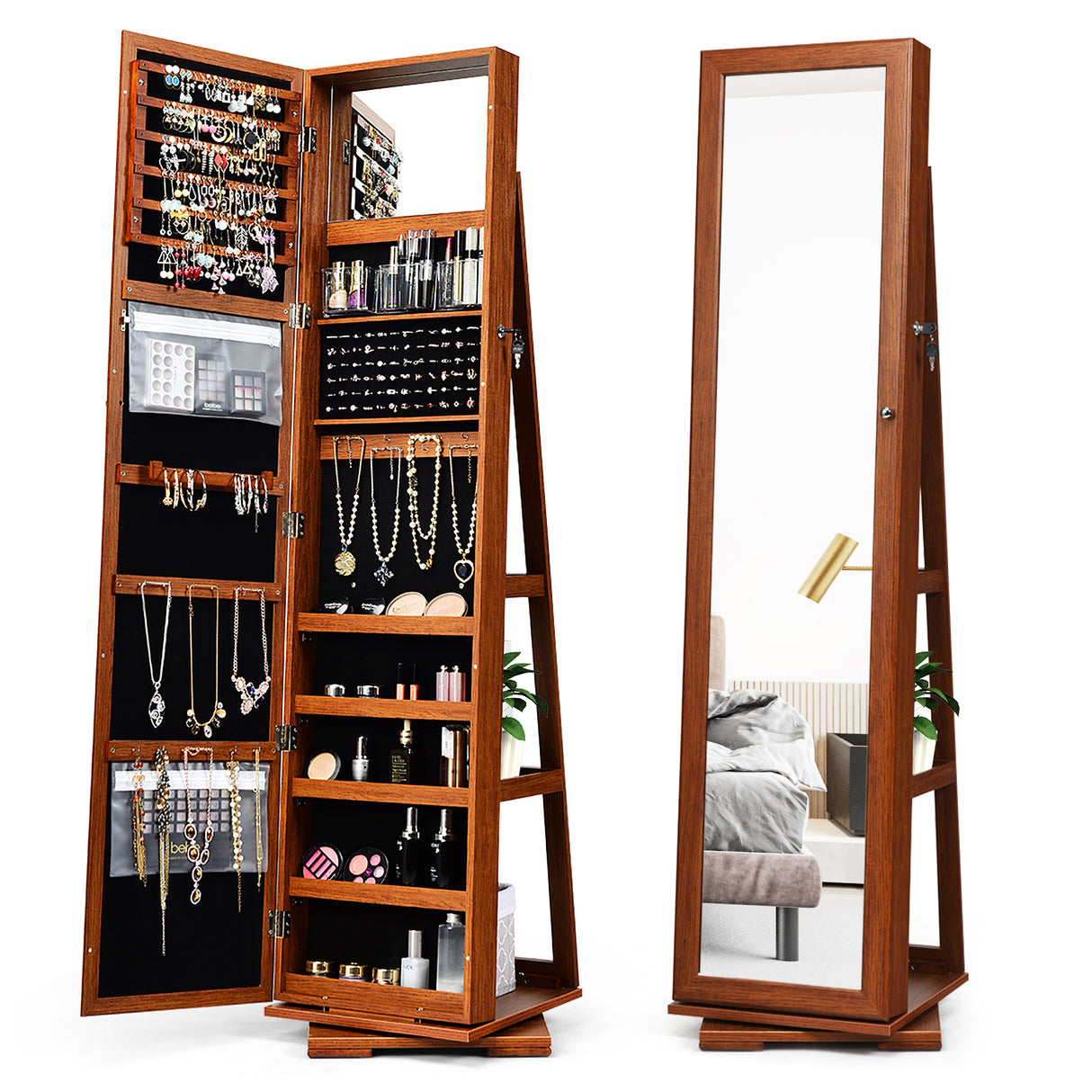 360° Rotatable 2-in-1 Lockable Jewelry Cabinet with Full-Length Mirror