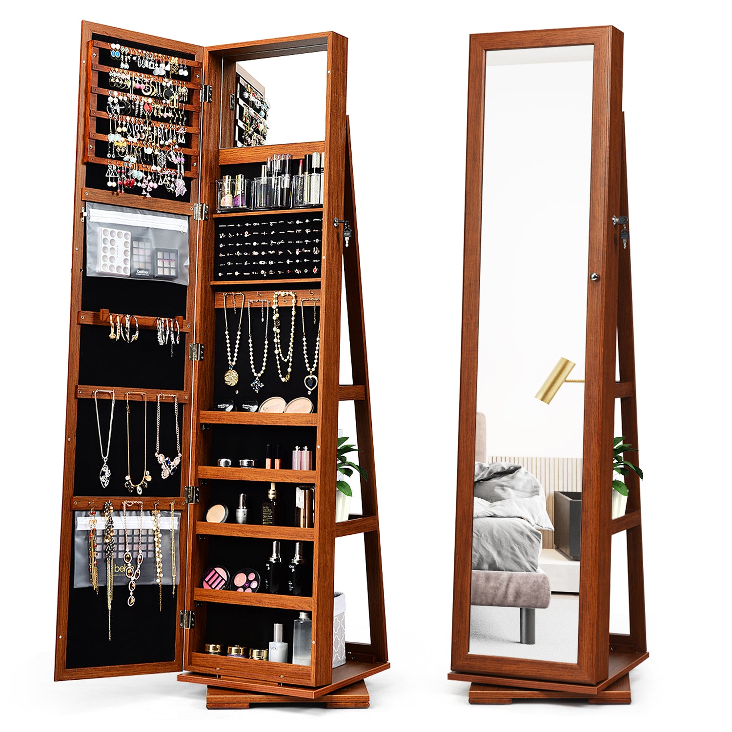 360° Rotatable 2-in-1 Lockable Jewelry Cabinet with Full-Length Mirror