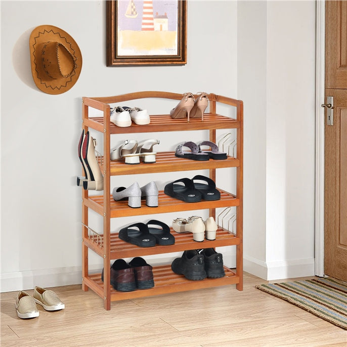 2-Tier Acacia Wood Shoe Rack with 4 Side Metal Hooks