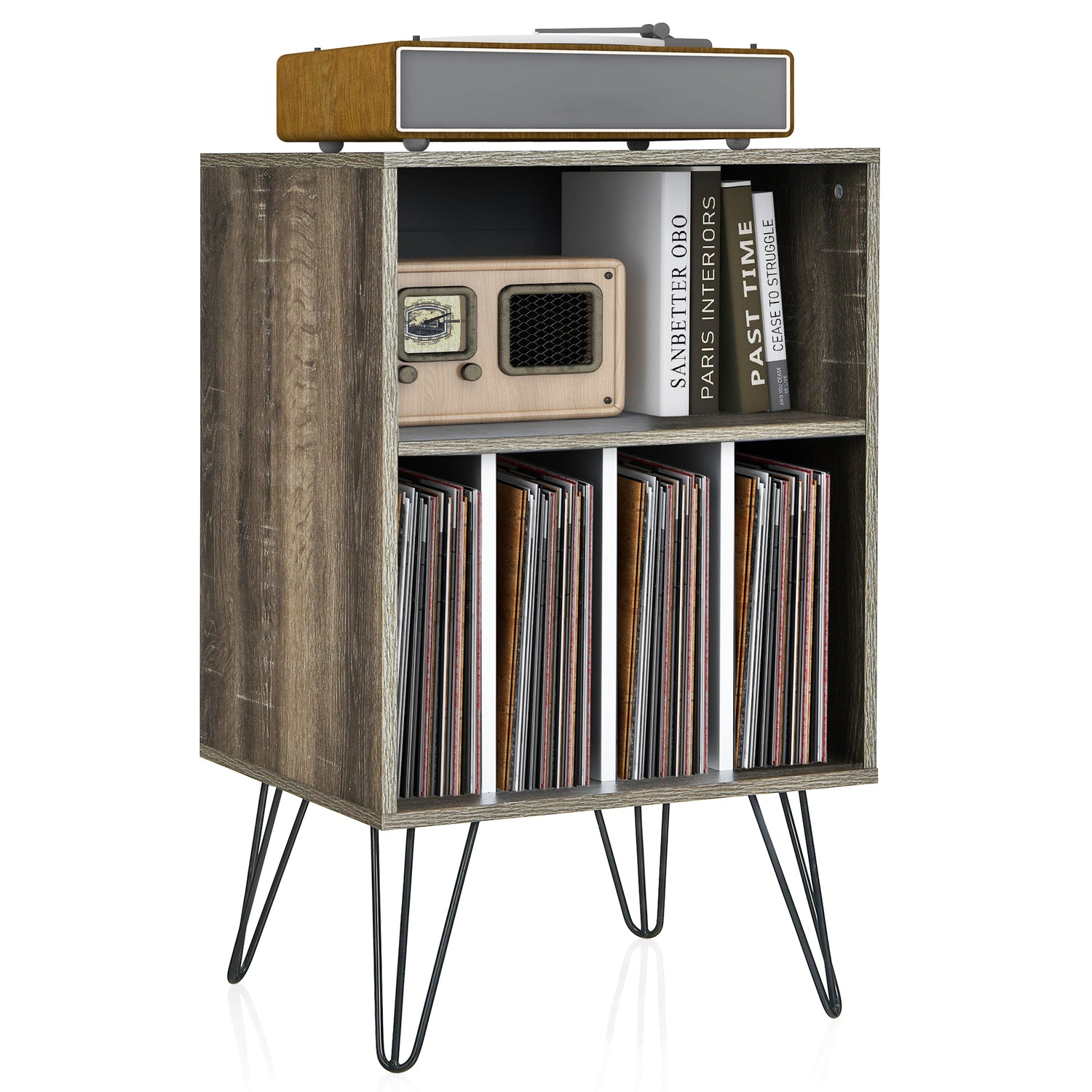 Freestanding Record Player Stand Storage Cabinet with Metal Legs