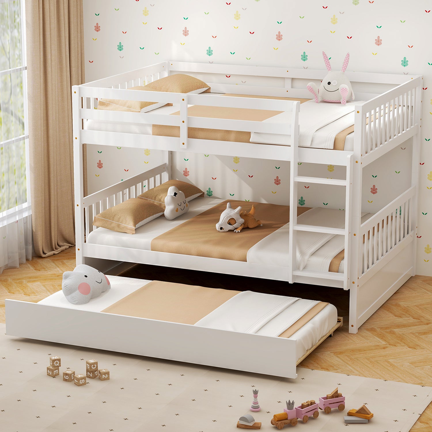 Full over Full Bunk Bed Platform Wood Bed with Ladder