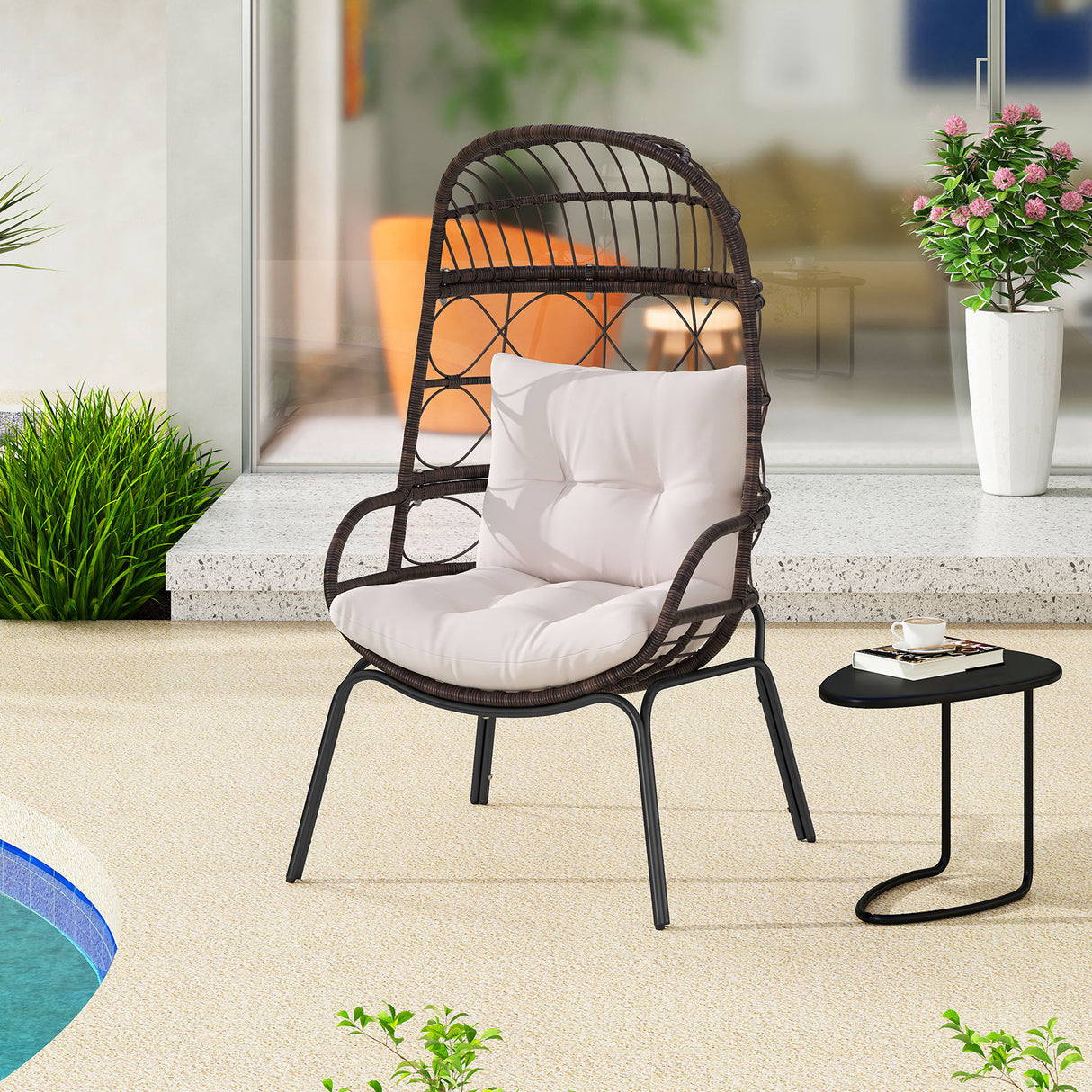 Patio Wicker Egg Chair Outdoor Rattan Lounge Basket with Seat and Back Cushions-Brown