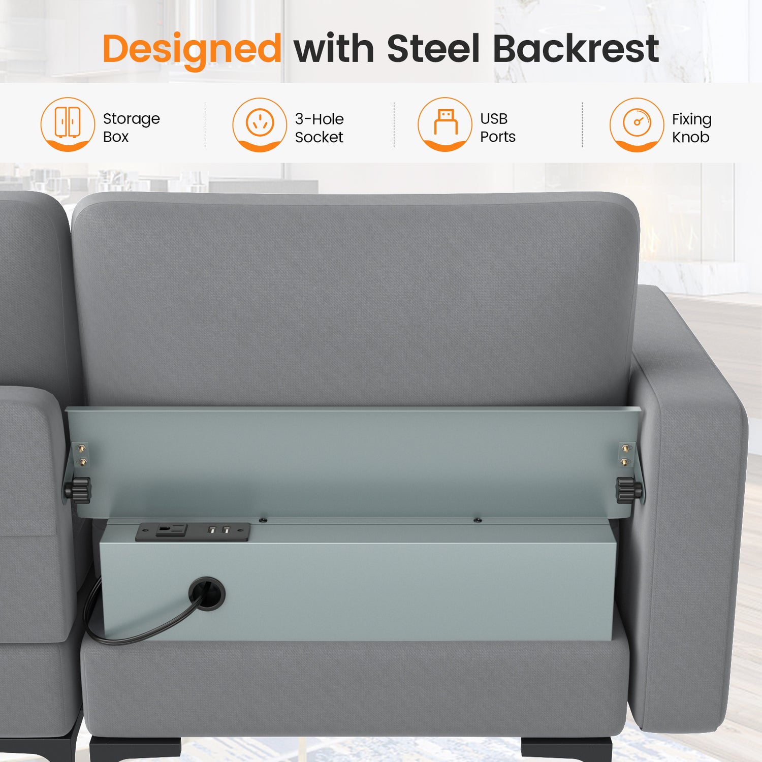 Modular 1/2/3/4-Seat L-Shaped Sectional Sofa Couch with Socket USB Port-3