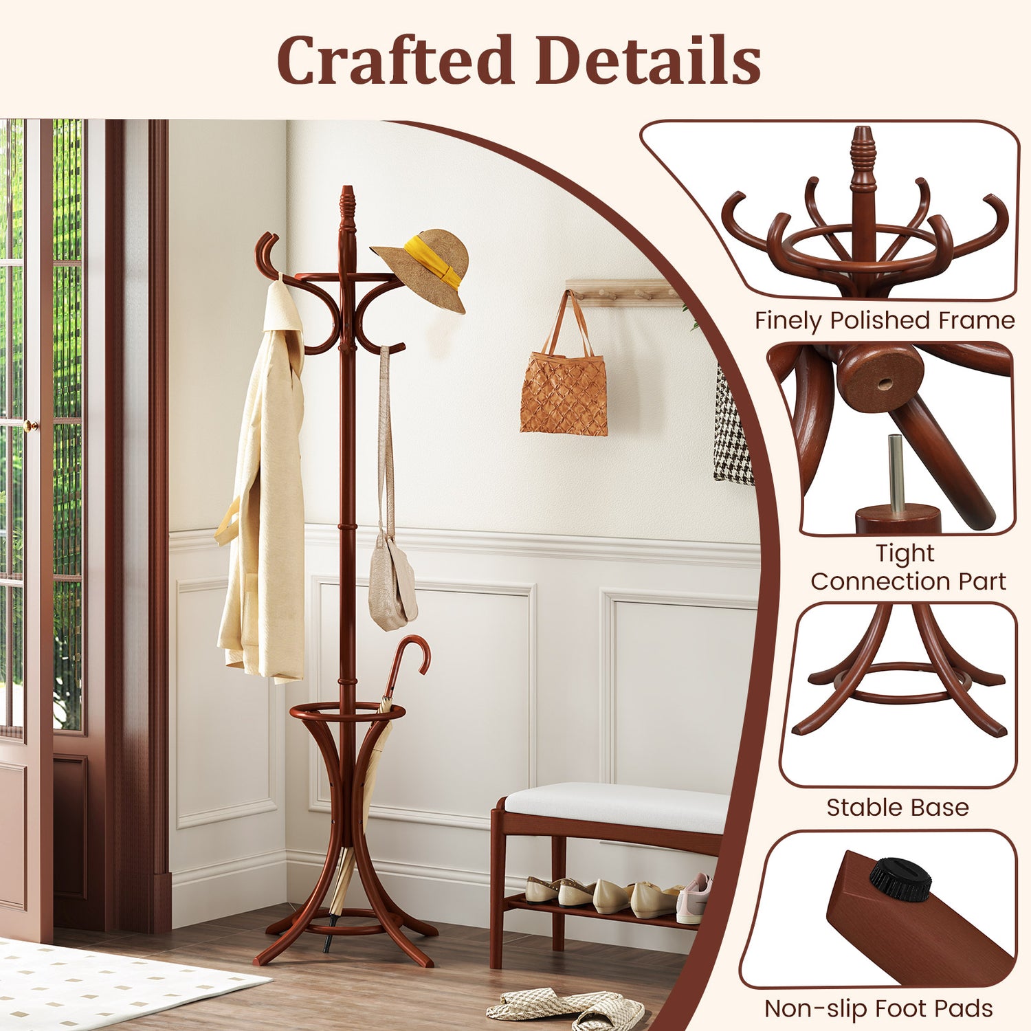 Wood Standing Hat Coat Rack with Umbrella Stand