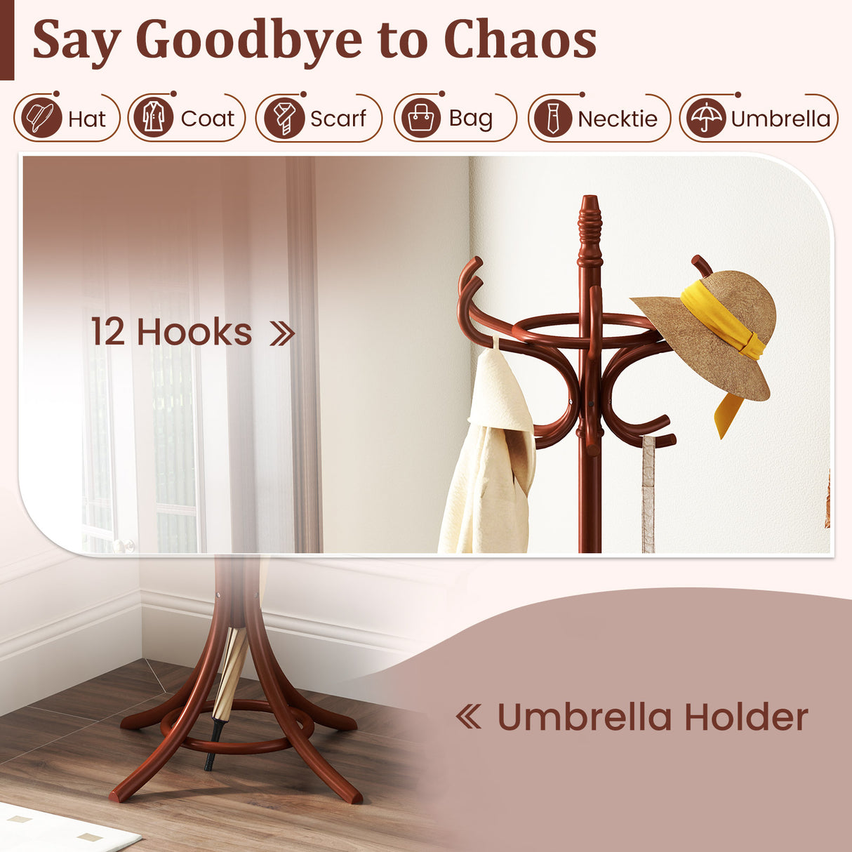 Wood Standing Hat Coat Rack with Umbrella Stand