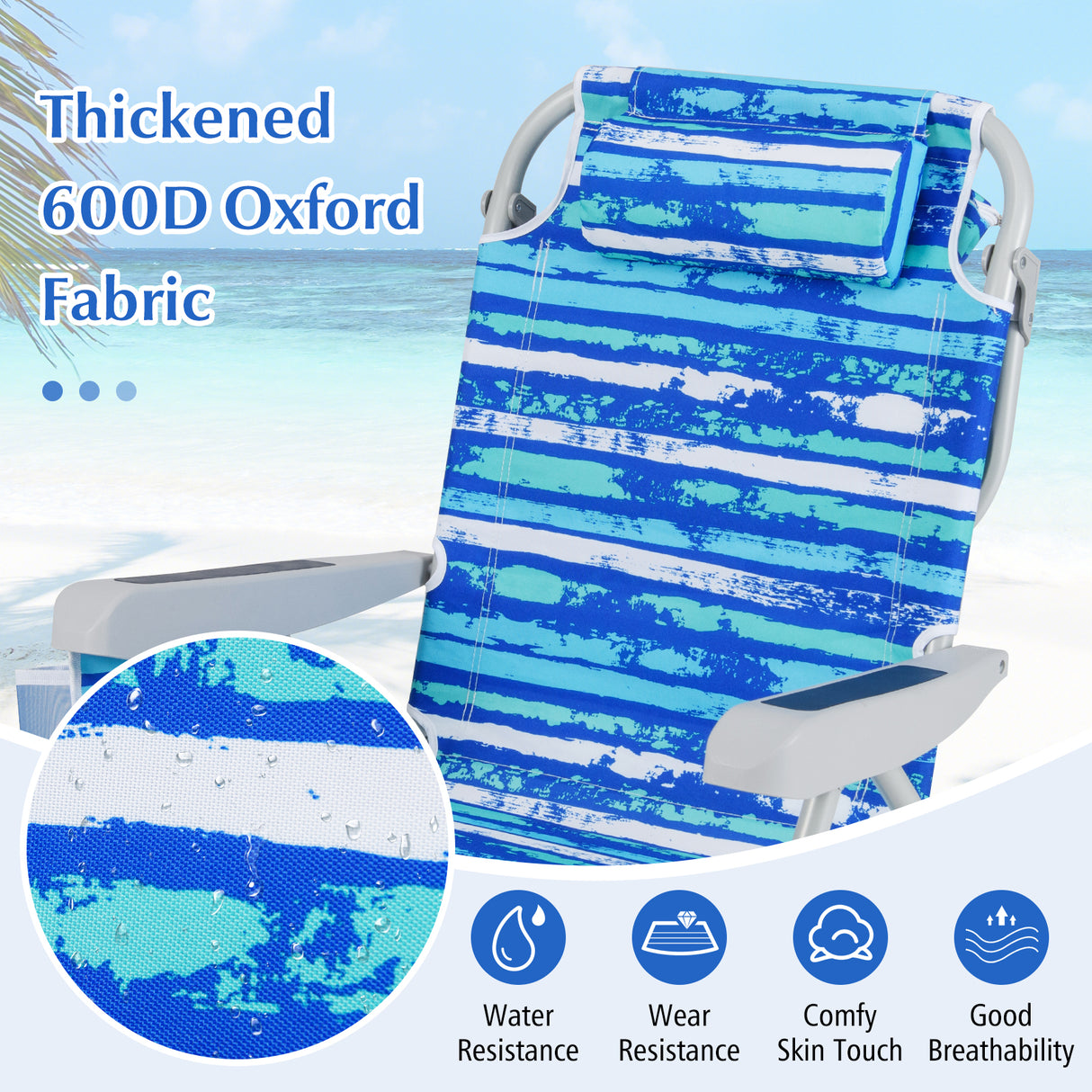 1 Piece Foldable Backpack Beach Chair with Cup Holder and Storage Pockets for Outdoor