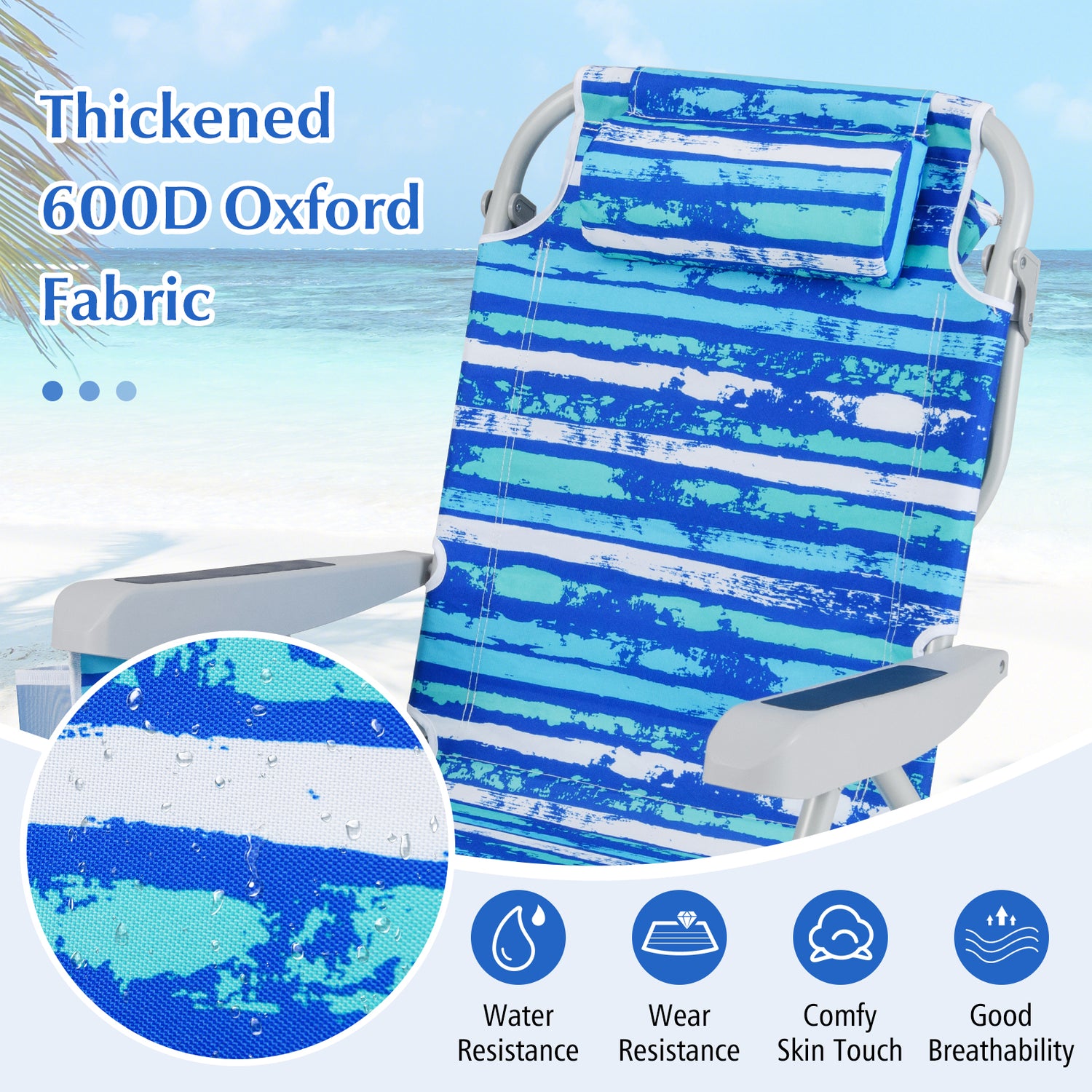 1 Piece Foldable Backpack Beach Chair with Cup Holder and Storage Pockets for Outdoor