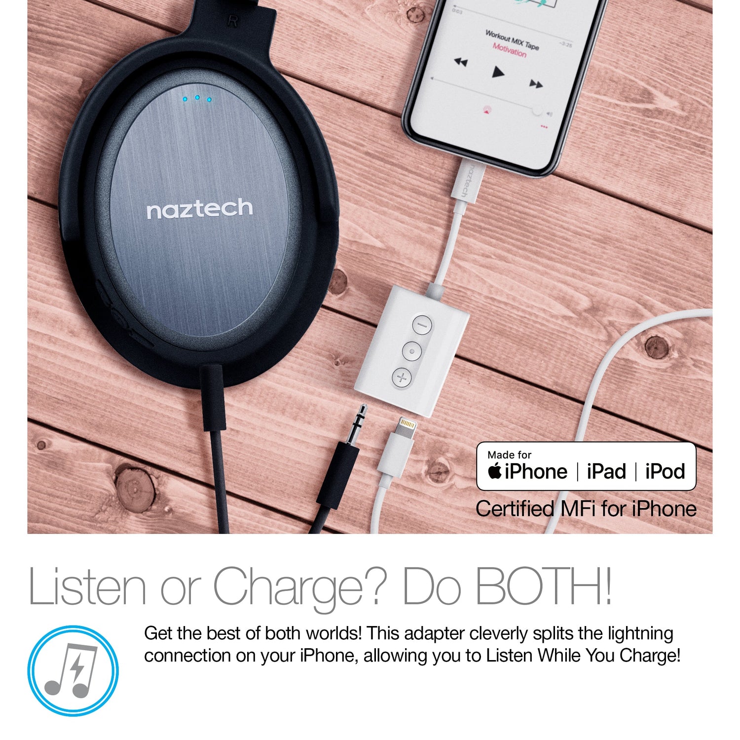 Naztech MFI Lightning to 3.5mm Audio + Charging Adapter