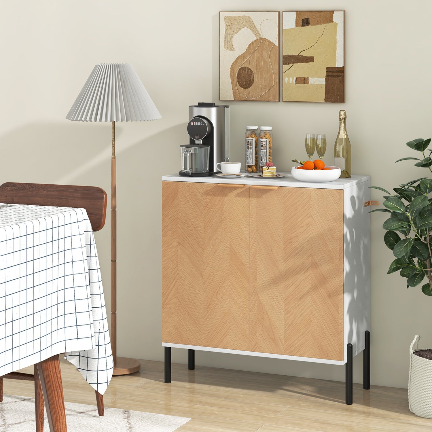 2-Door Buffet Cabinet Sideboard with Shelf and Metal Legs-White-Natural Wood