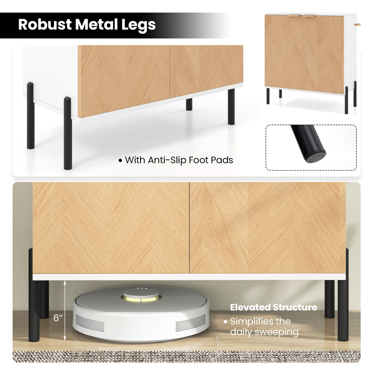 2-Door Buffet Cabinet Sideboard with Shelf and Metal Legs-White-Natural Wood