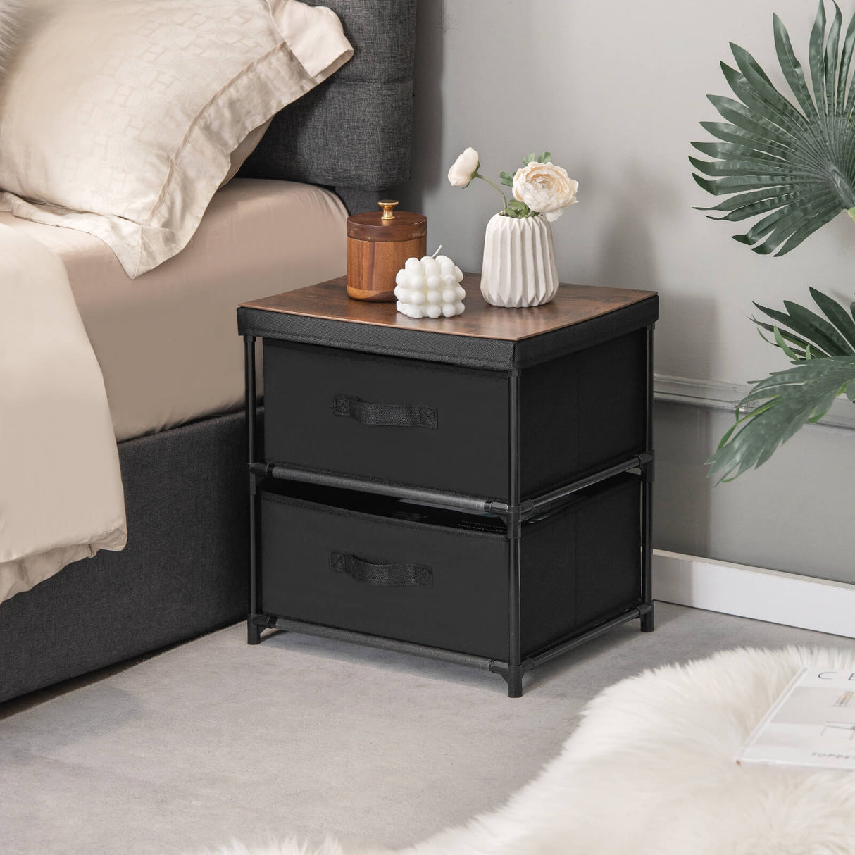2-Drawer Nightstand with Removable Fabric Bins and Pull Handles
