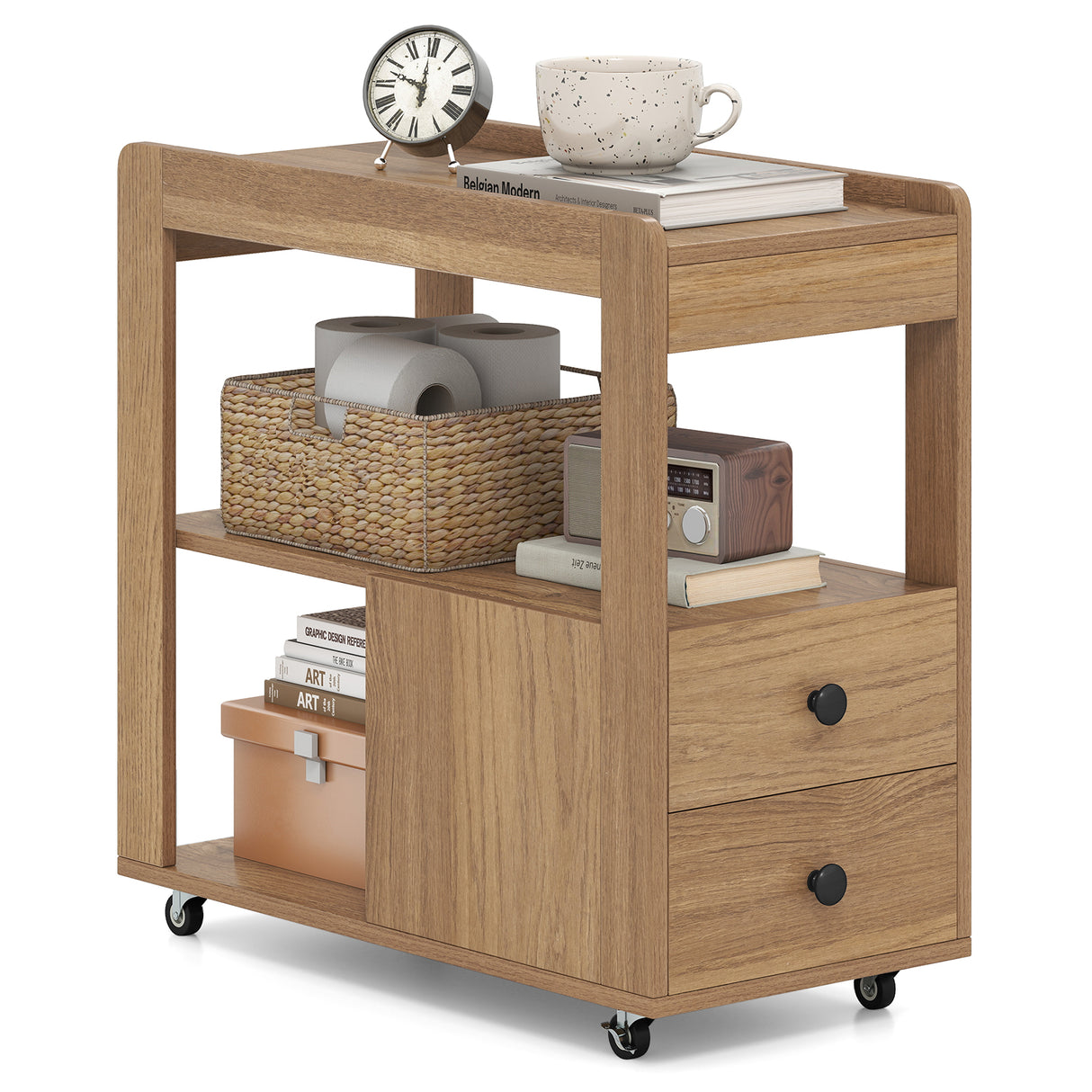 2-Drawer Sofa Side Table with Shelves for Living Room