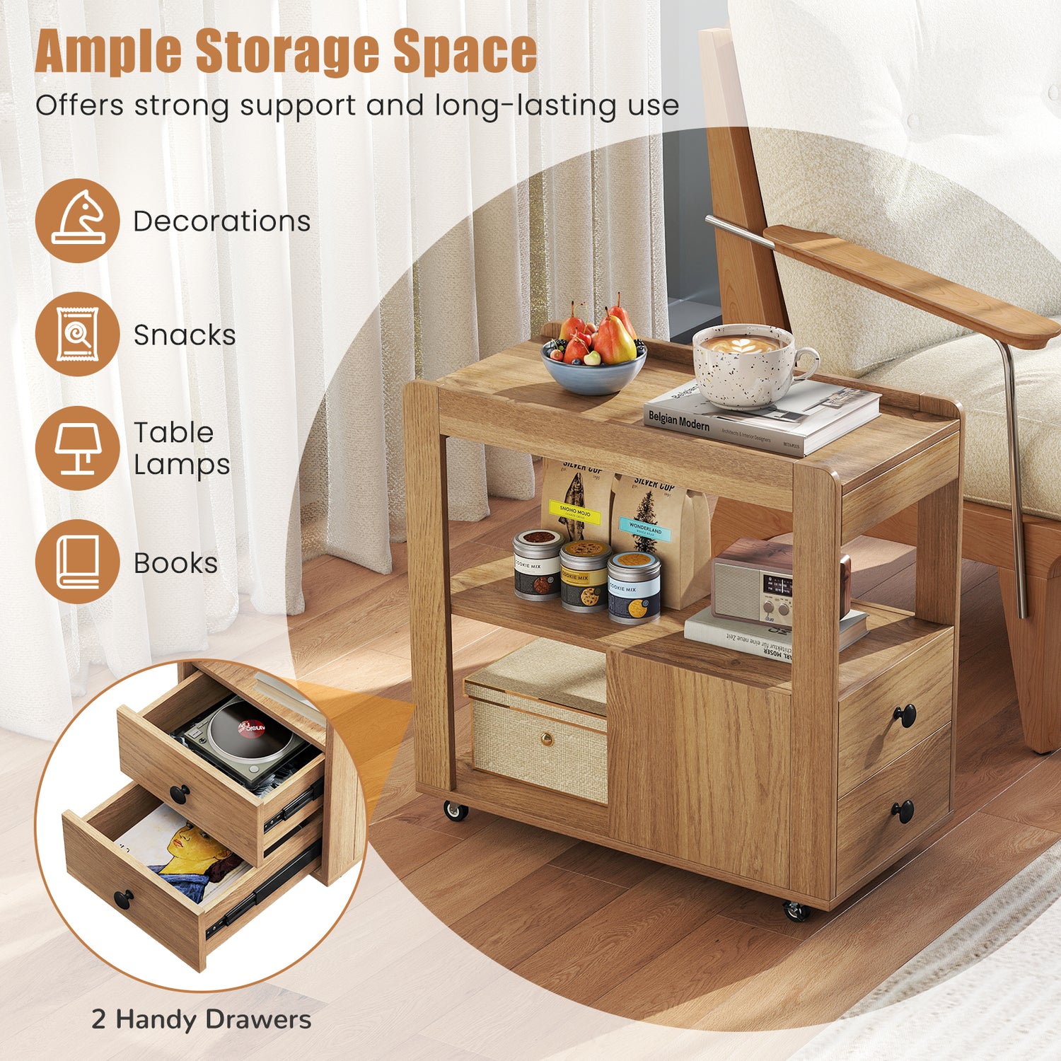 2-Drawer Sofa Side Table with Shelves for Living Room