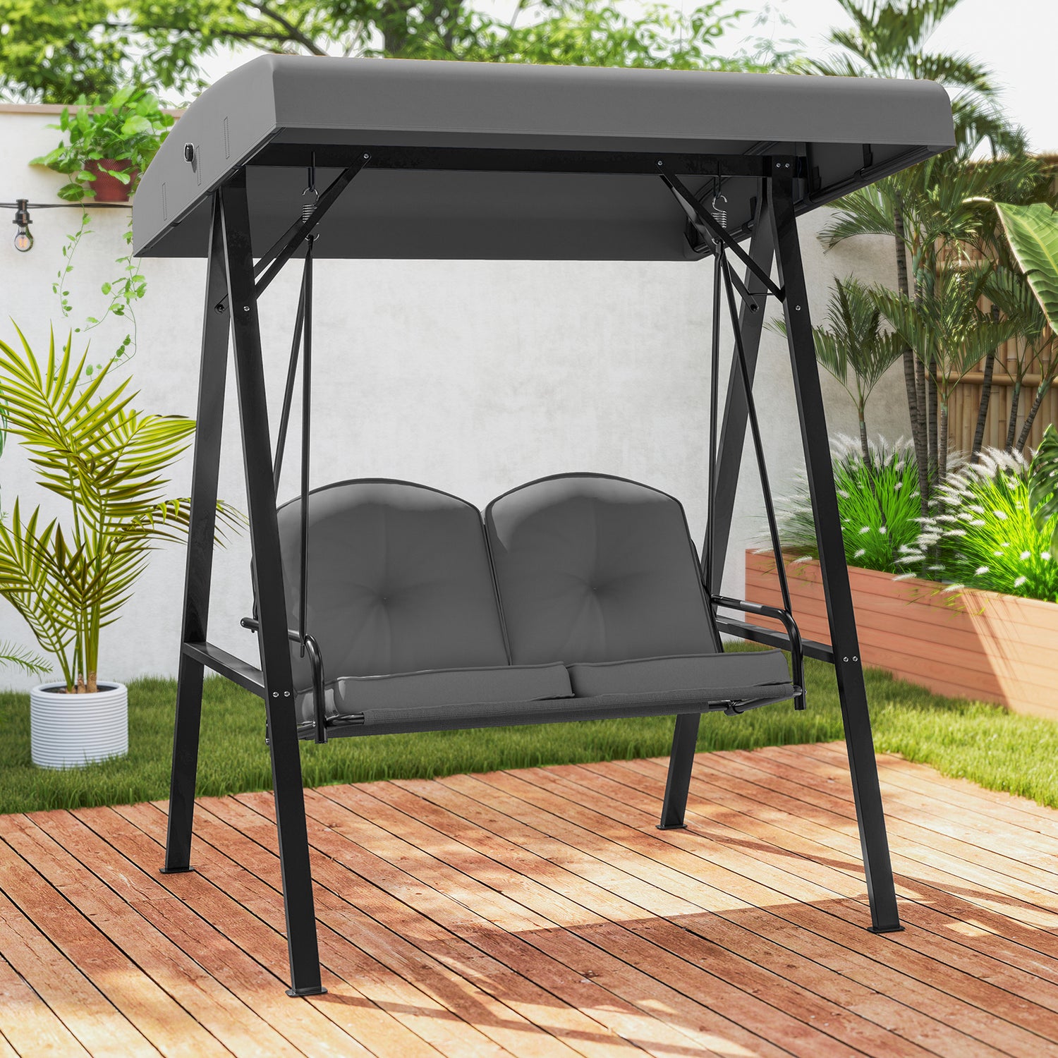 2-Person Outdoor Porch Swing with A-Shaped Metal Stand and Adjustable Canopy