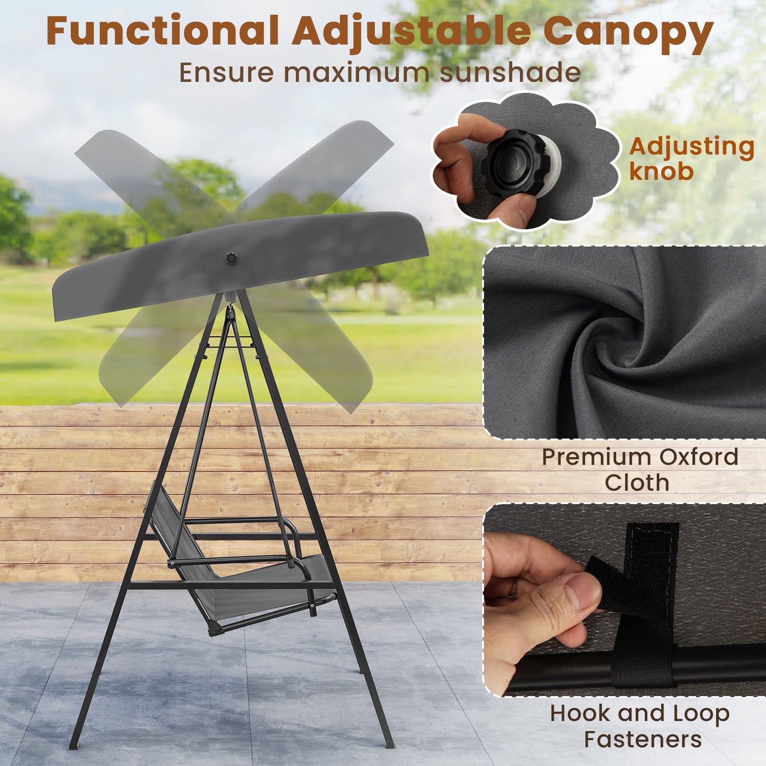 2-Person Outdoor Porch Swing with A-Shaped Metal Stand and Adjustable Canopy