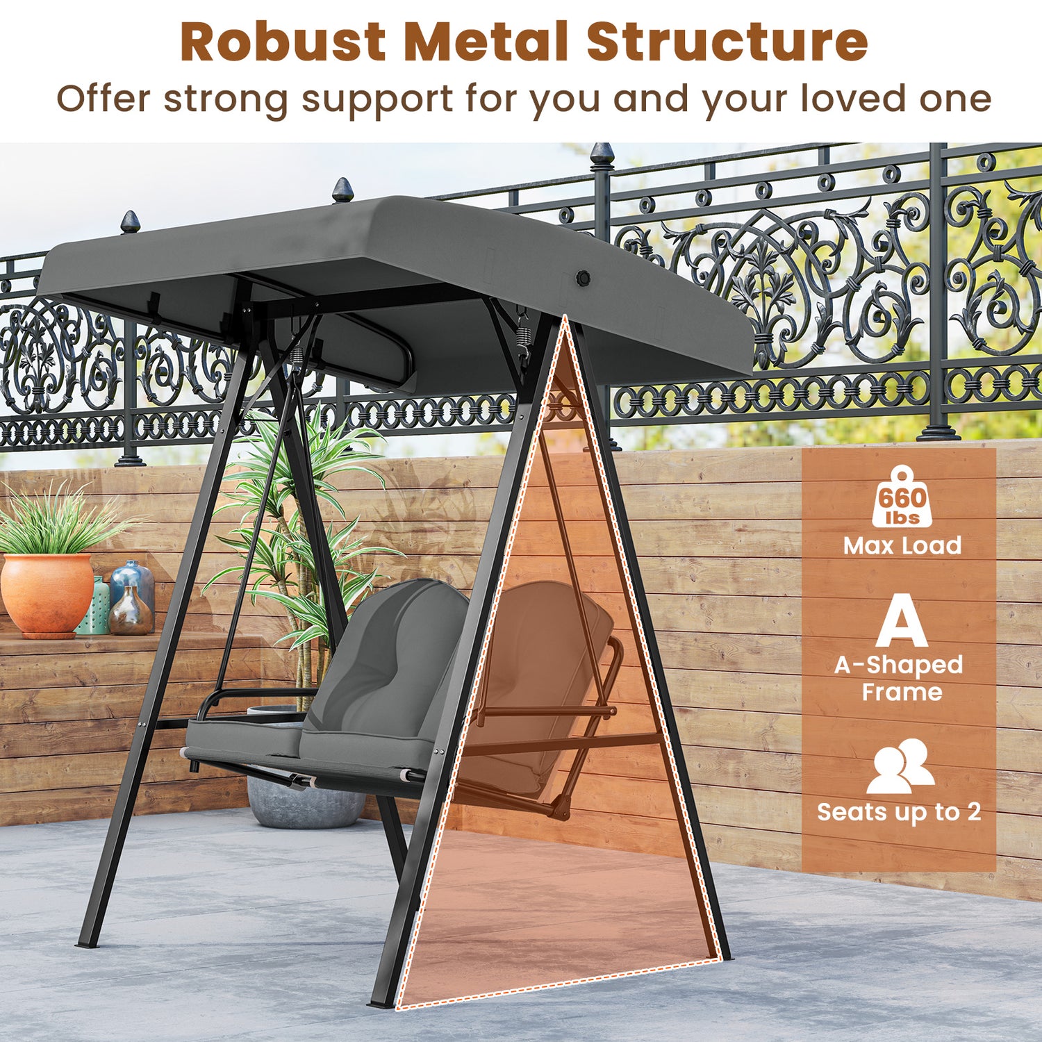 2-Person Outdoor Porch Swing with A-Shaped Metal Stand and Adjustable Canopy