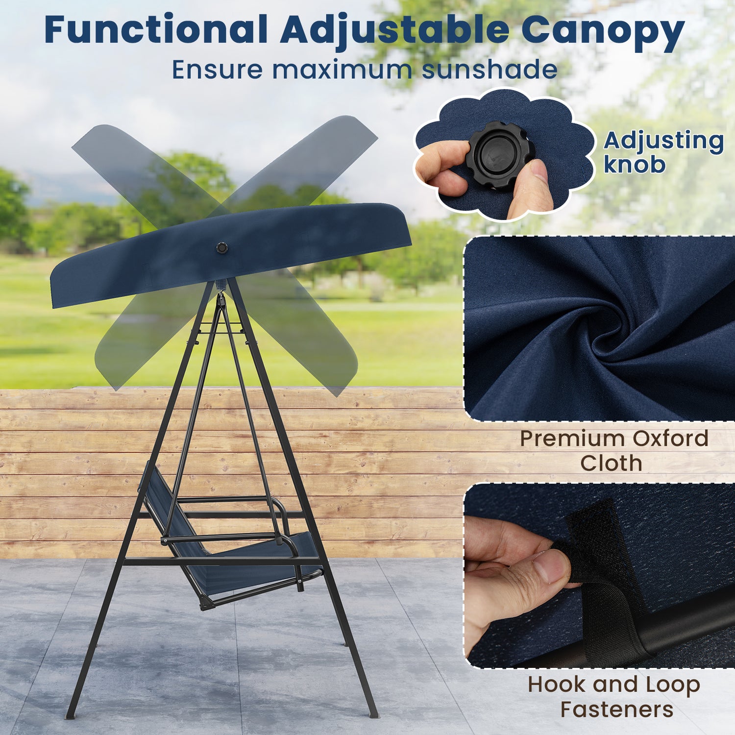 2-Person Outdoor Porch Swing with A-Shaped Metal Stand and Adjustable Canopy