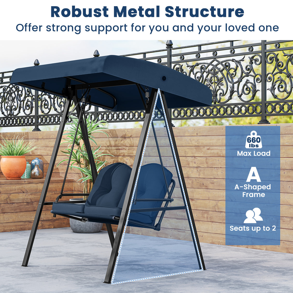 2-Person Outdoor Porch Swing with A-Shaped Metal Stand and Adjustable Canopy