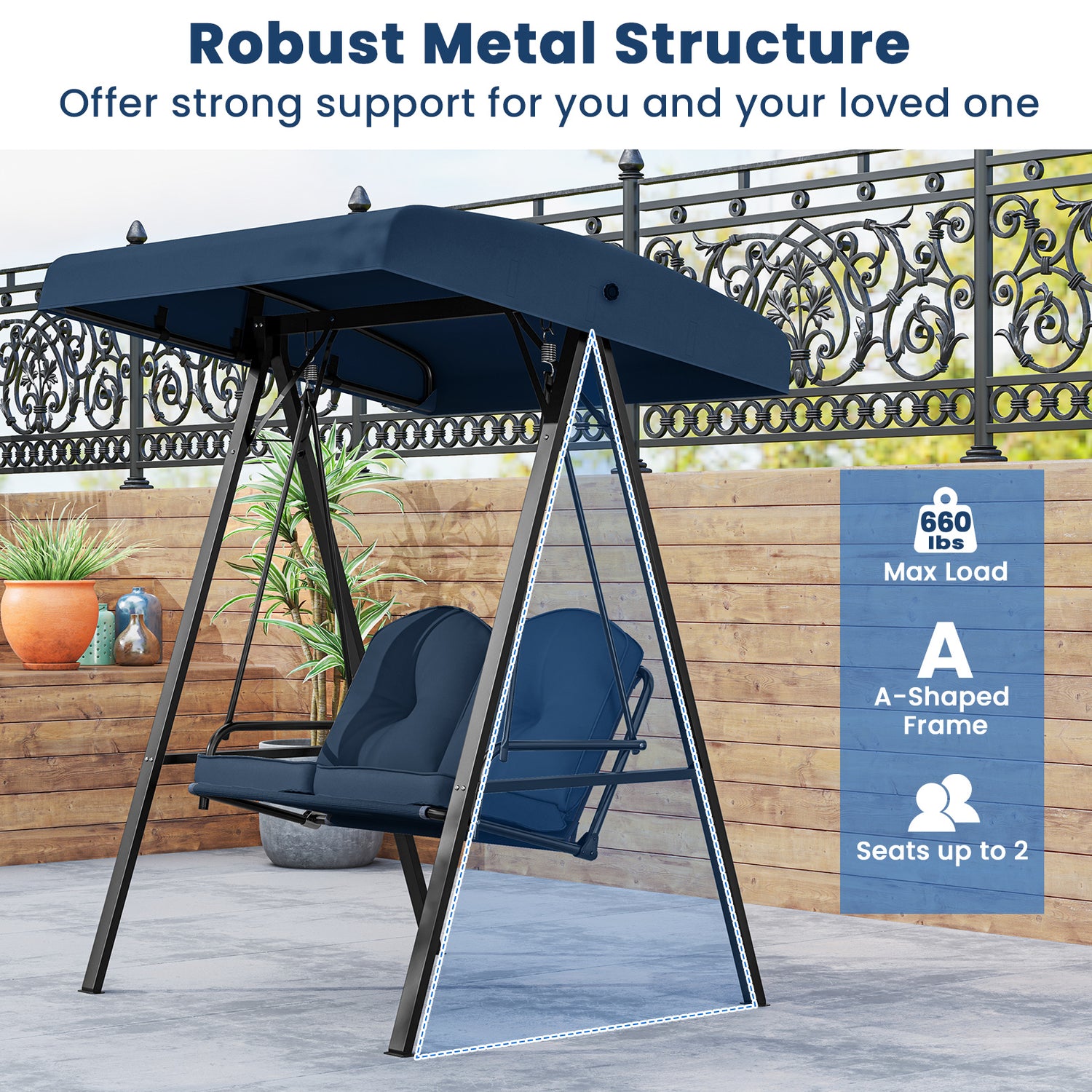 2-Person Outdoor Porch Swing with A-Shaped Metal Stand and Adjustable Canopy
