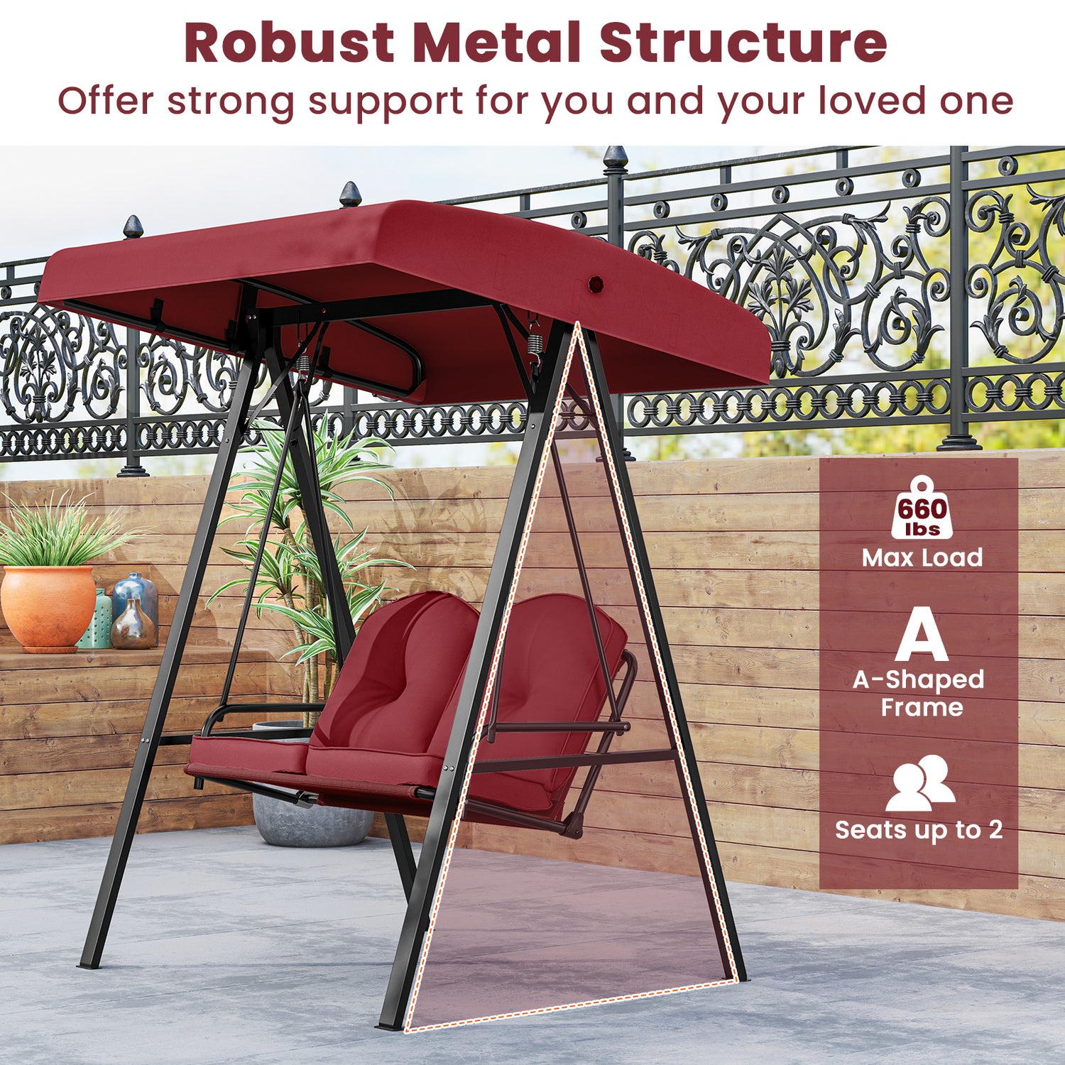2-Person Outdoor Porch Swing with A-Shaped Metal Stand and Adjustable Canopy