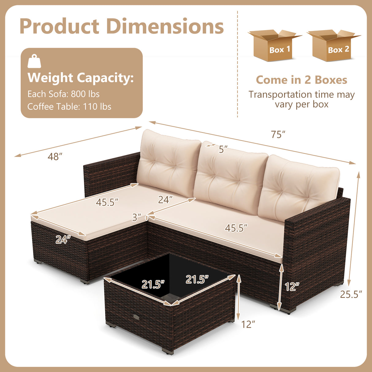 4 Seats Outdoor Wicker Furniture Set with Tempered Glass Coffee Table and Soft Cushions-Beige