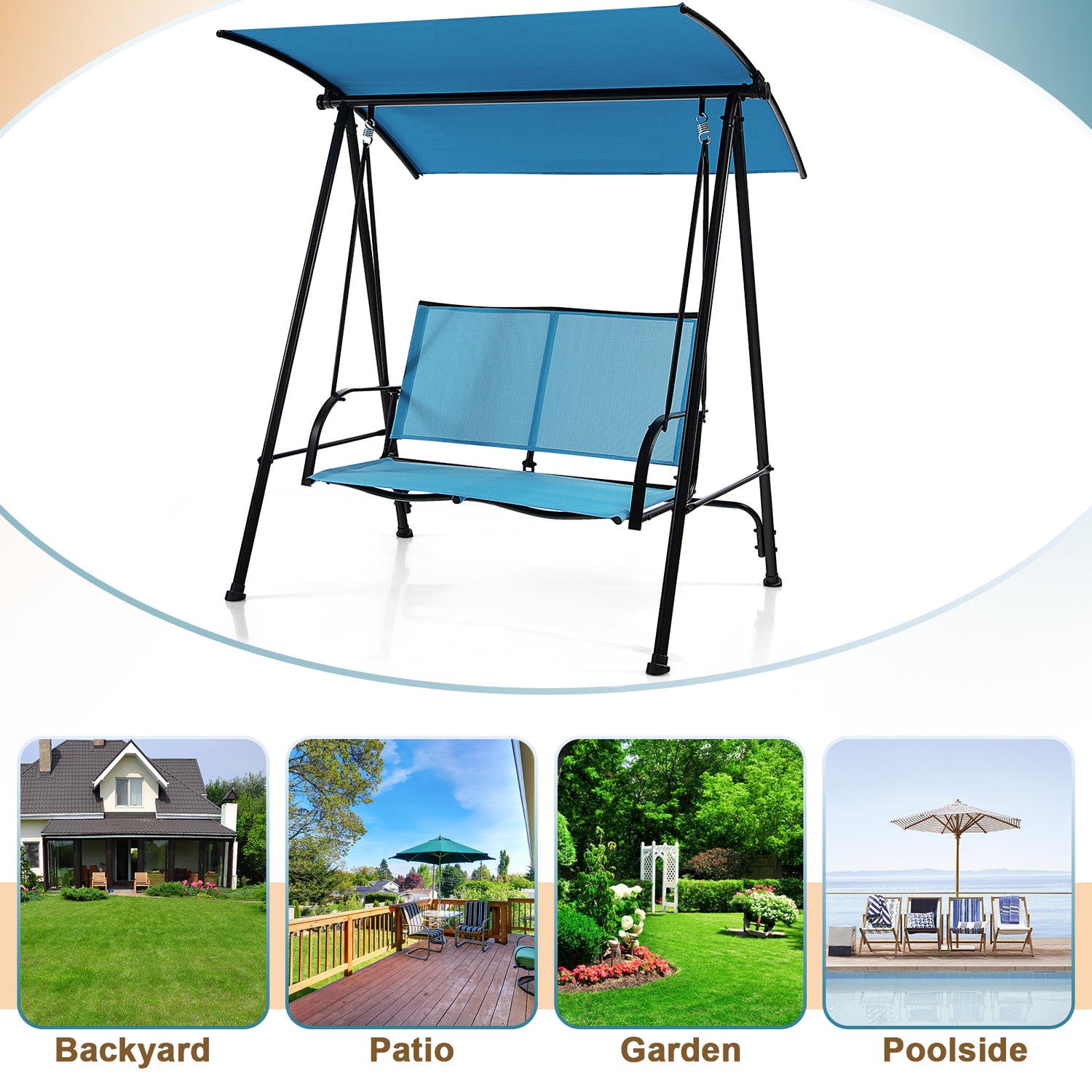 2-Seat Outdoor Canopy Swing with Comfortable Fabric Seat and Heavy-duty Metal Frame