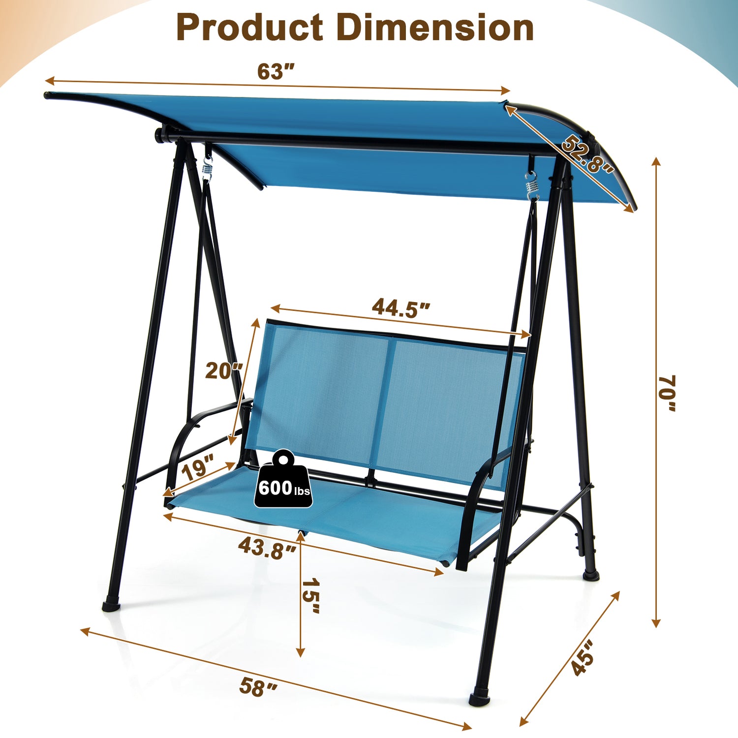 2-Seat Outdoor Canopy Swing with Comfortable Fabric Seat and Heavy-duty Metal Frame