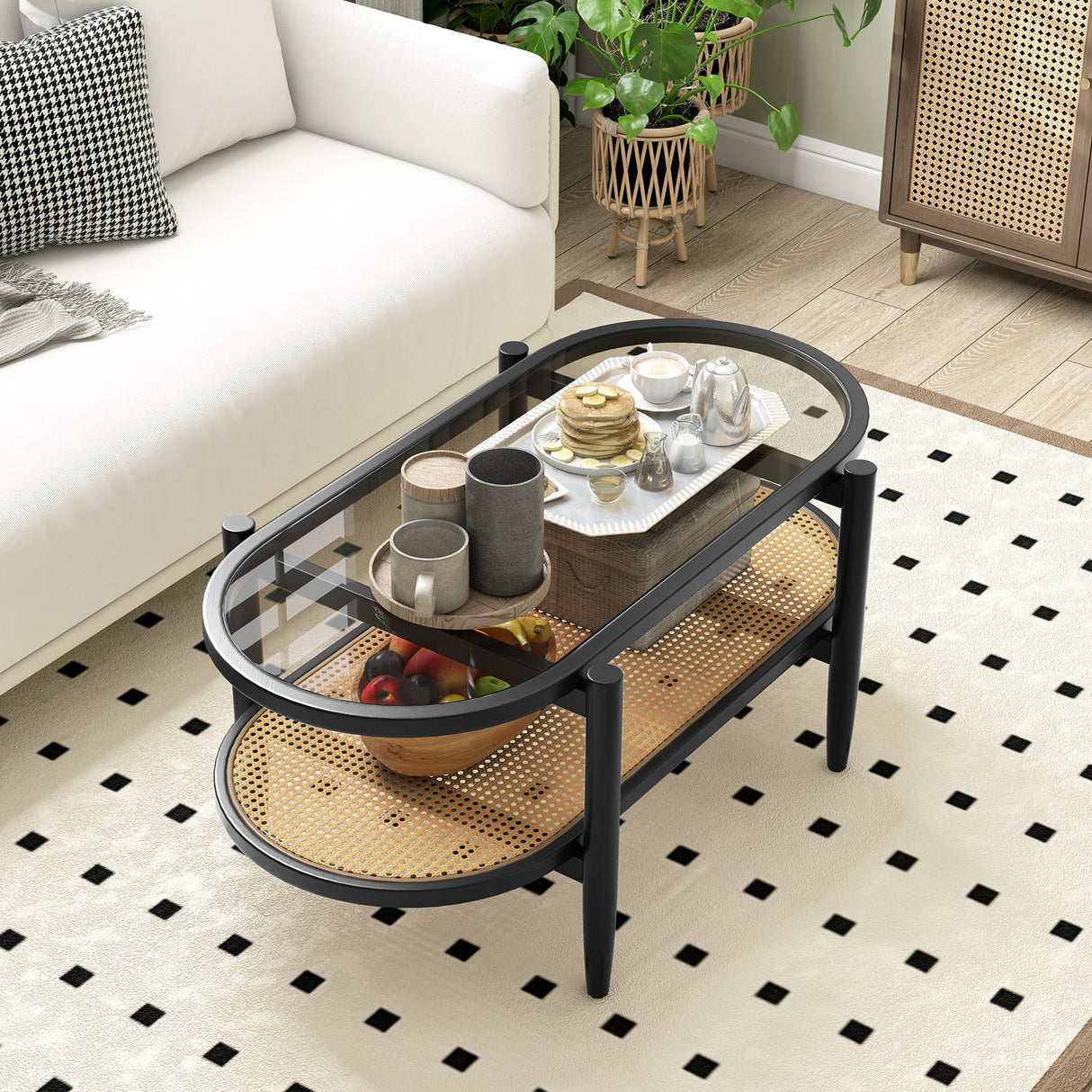 2-Tier Coffee Table with Tempered Glass Tabletop and Acacia Wood Frame