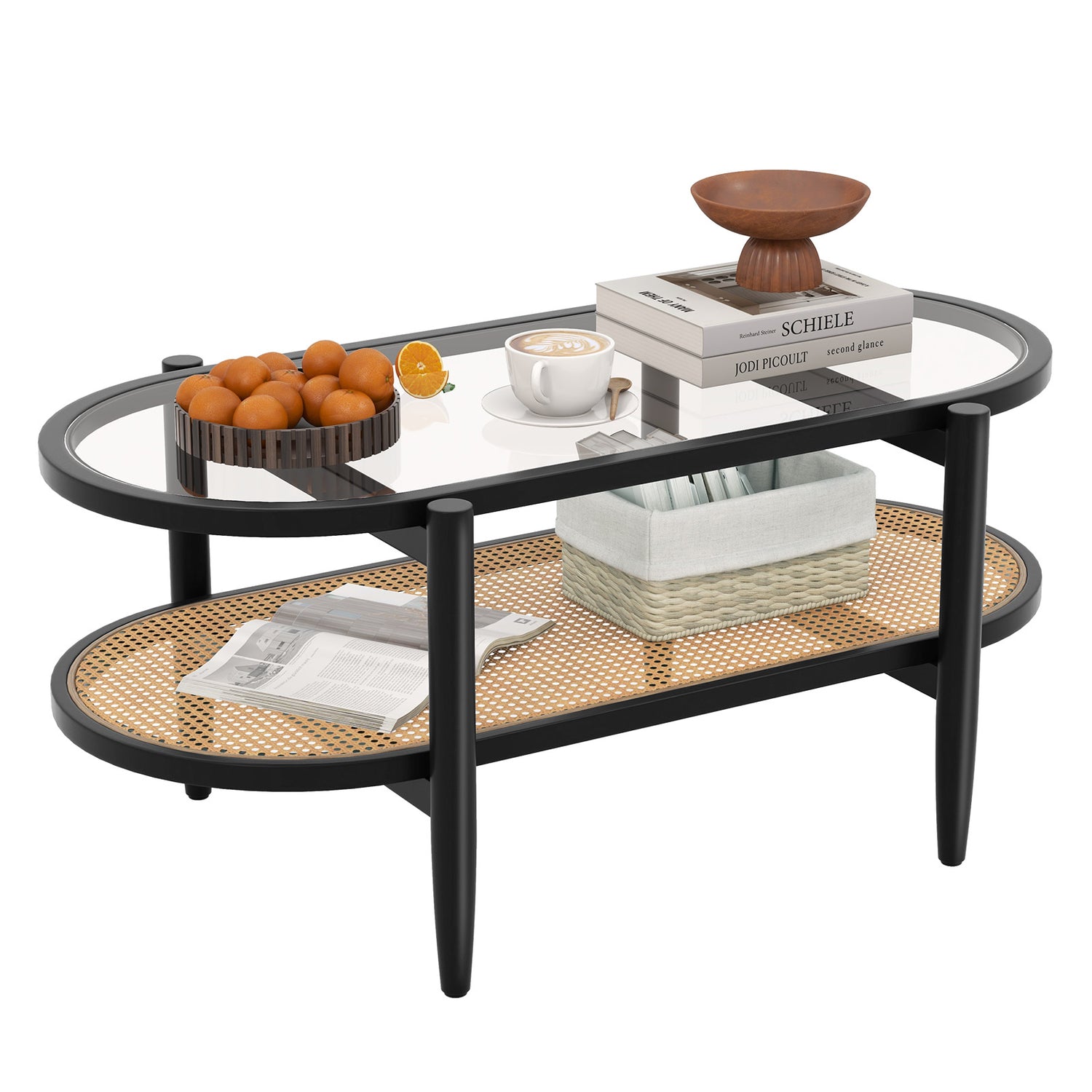 2-Tier Coffee Table with Tempered Glass Tabletop and Acacia Wood Frame