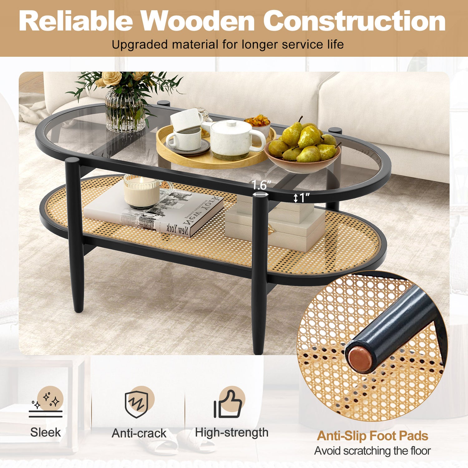 2-Tier Coffee Table with Tempered Glass Tabletop and Acacia Wood Frame