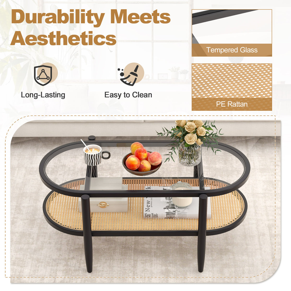 2-Tier Coffee Table with Tempered Glass Tabletop and Acacia Wood Frame