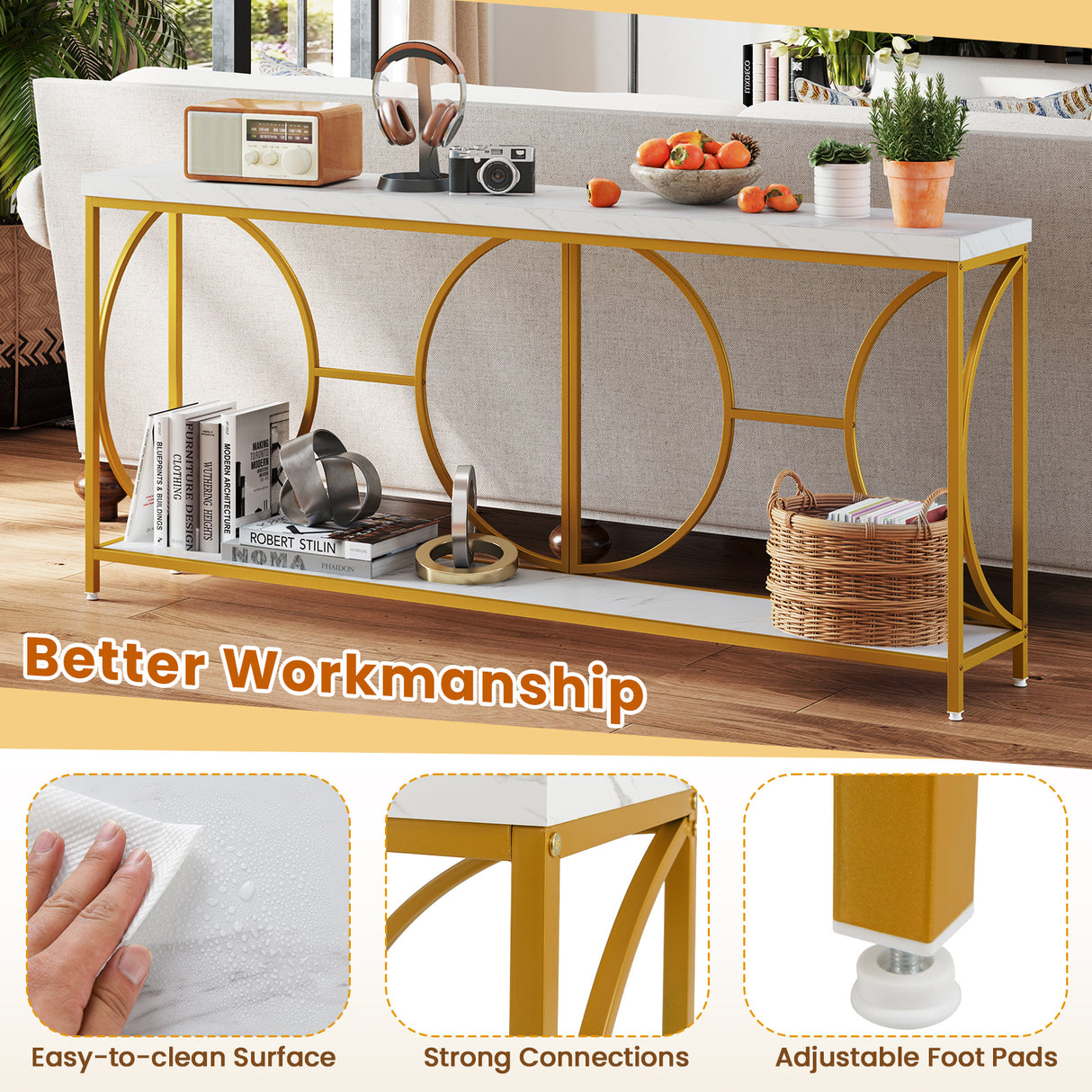 2-Tier Faux Marble Top Console Table with Storage Shelf-White