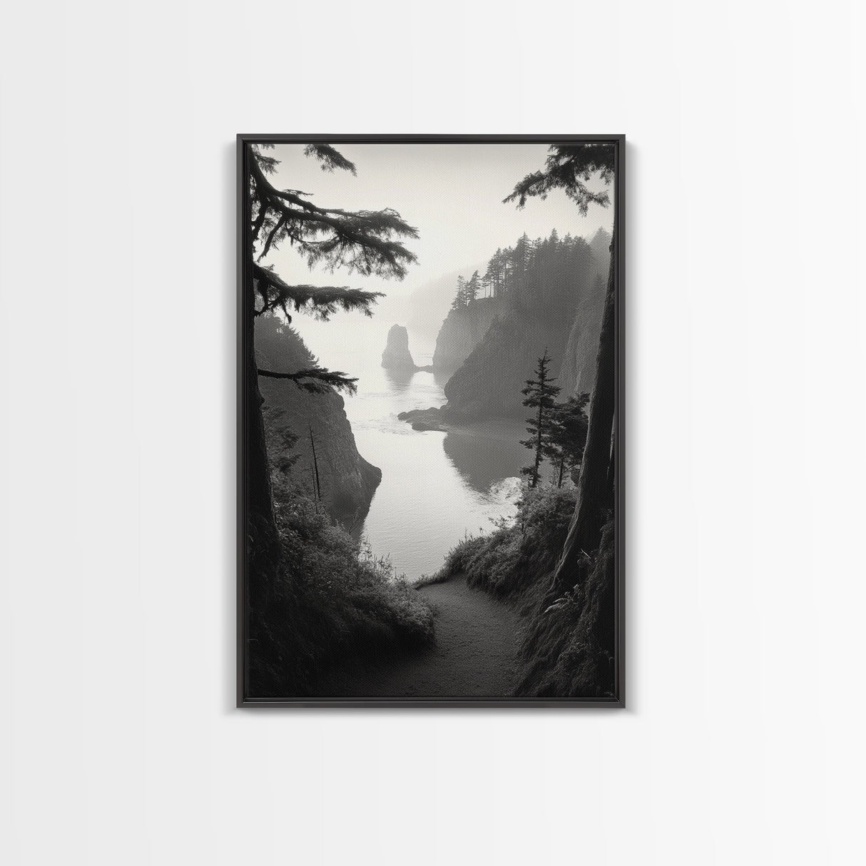 Forest Cliffs, Ocean Pathway, Misty Coast, Woodland Escape, Framed Canvas Print, Cabin Wall Art, Nature Trail Aesthetic, Autumn Mood Art