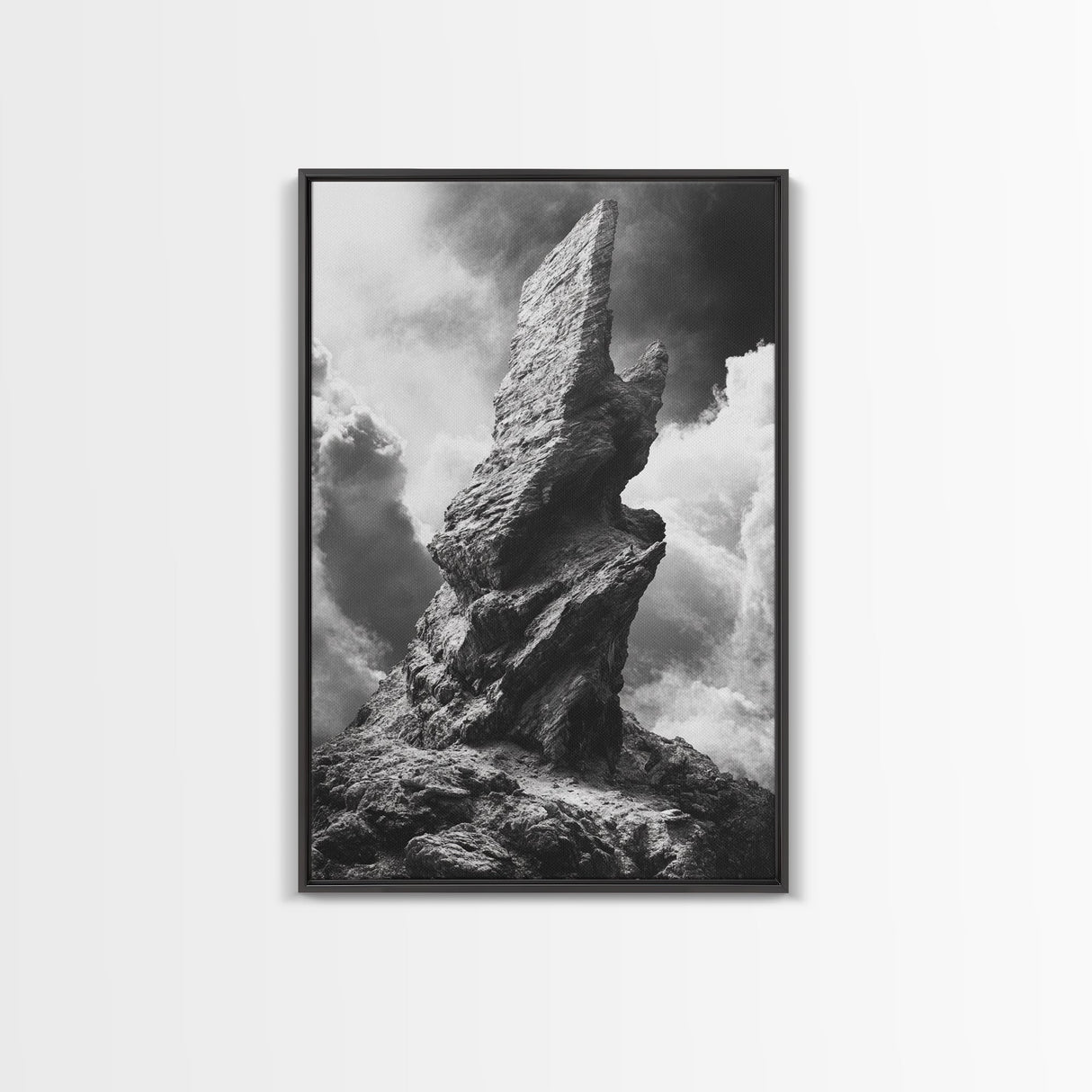 Abstract Rock Tower, Nature Photography, Stormy Sky, Canvas Print, Rustic Decor, Earthy Wall Art, Living Room Art, Moody Landscape Print