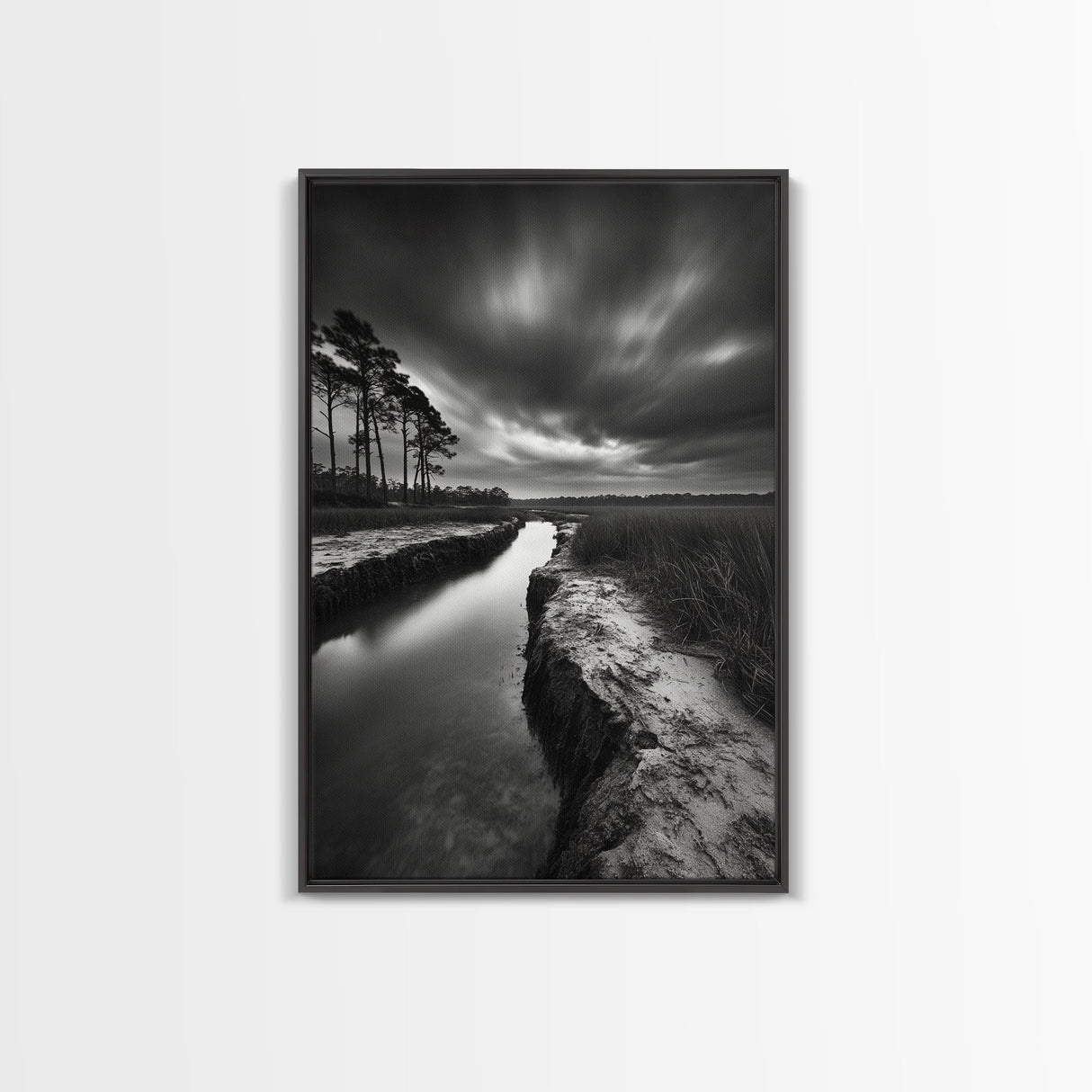 Misty Marsh Path, Moody Landscape, Nature Wall Decor, Living Room Art, Canvas Print, Black and White Photography, Autumn Wall Art