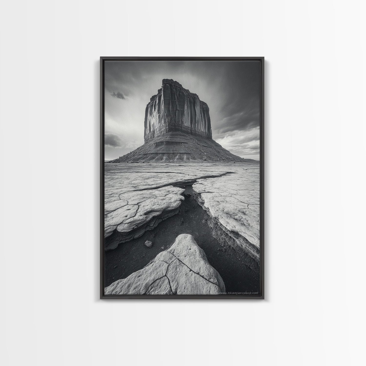 Monument Valley Cliff, Desert Rockscape, Framed Canvas Print, Western Wall Art, Office Decor, Black and White Photography