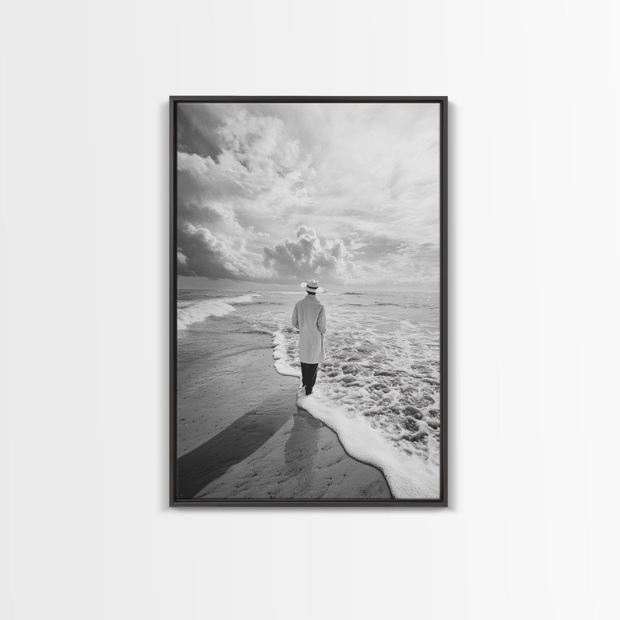 Man On Shore, Thoughtful Walk, Ocean Wanderer, Framed Canvas Print, Minimalist Fall Art, Bedroom Decor, Moody Coastal Scene