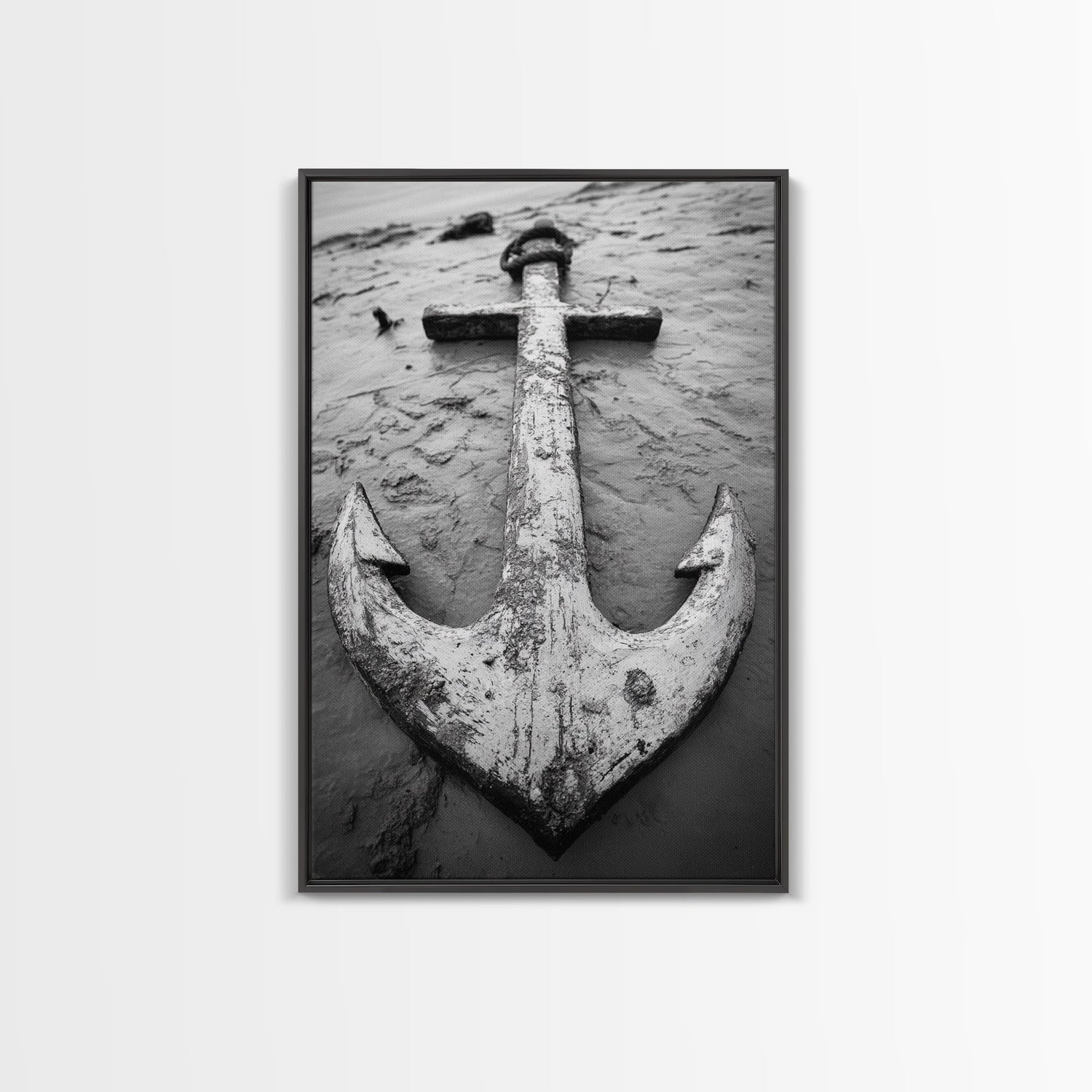 Abandoned Anchor, Nautical Decor, Black White Beach, Framed Canvas Print, Rustic Coastal Wall Art, Entryway Nautical Accent