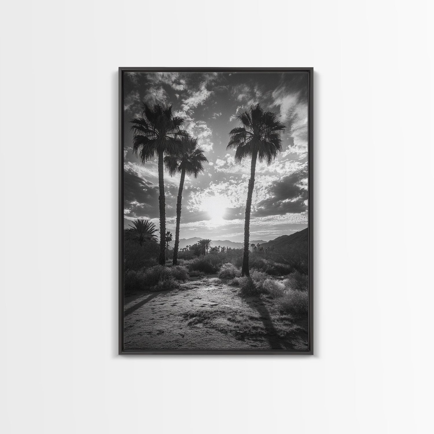 Palm Sunset, Desert Light, Silhouetted Trees, Framed Canvas Print, Tropical Boho Wall Art, Sunset Living Room Decor, Moody Nature Style
